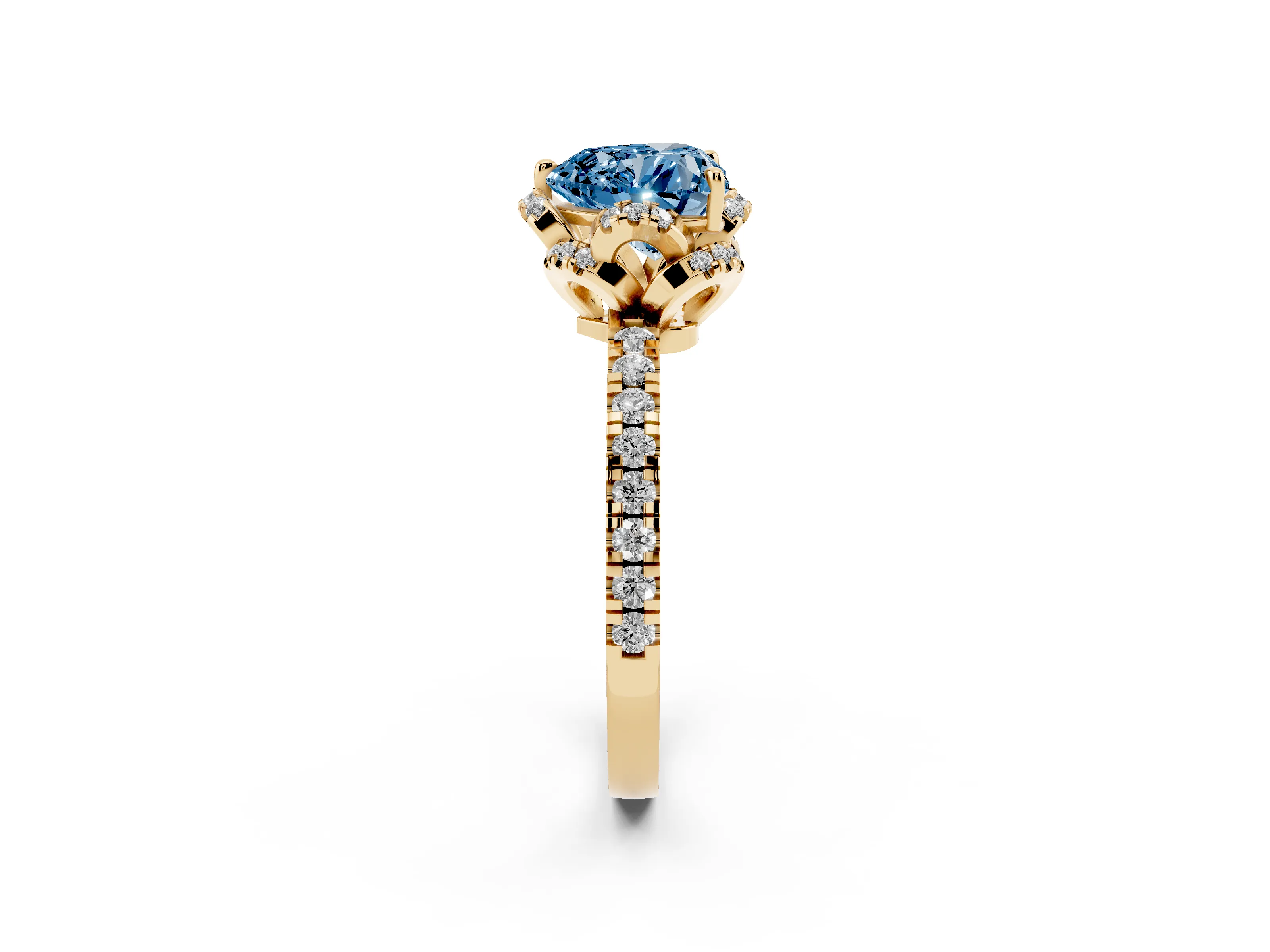 Fancy Blue Heart Cut Diamond Halo Pavé Band Ring Set in Yellow gold with Prong-Held Center