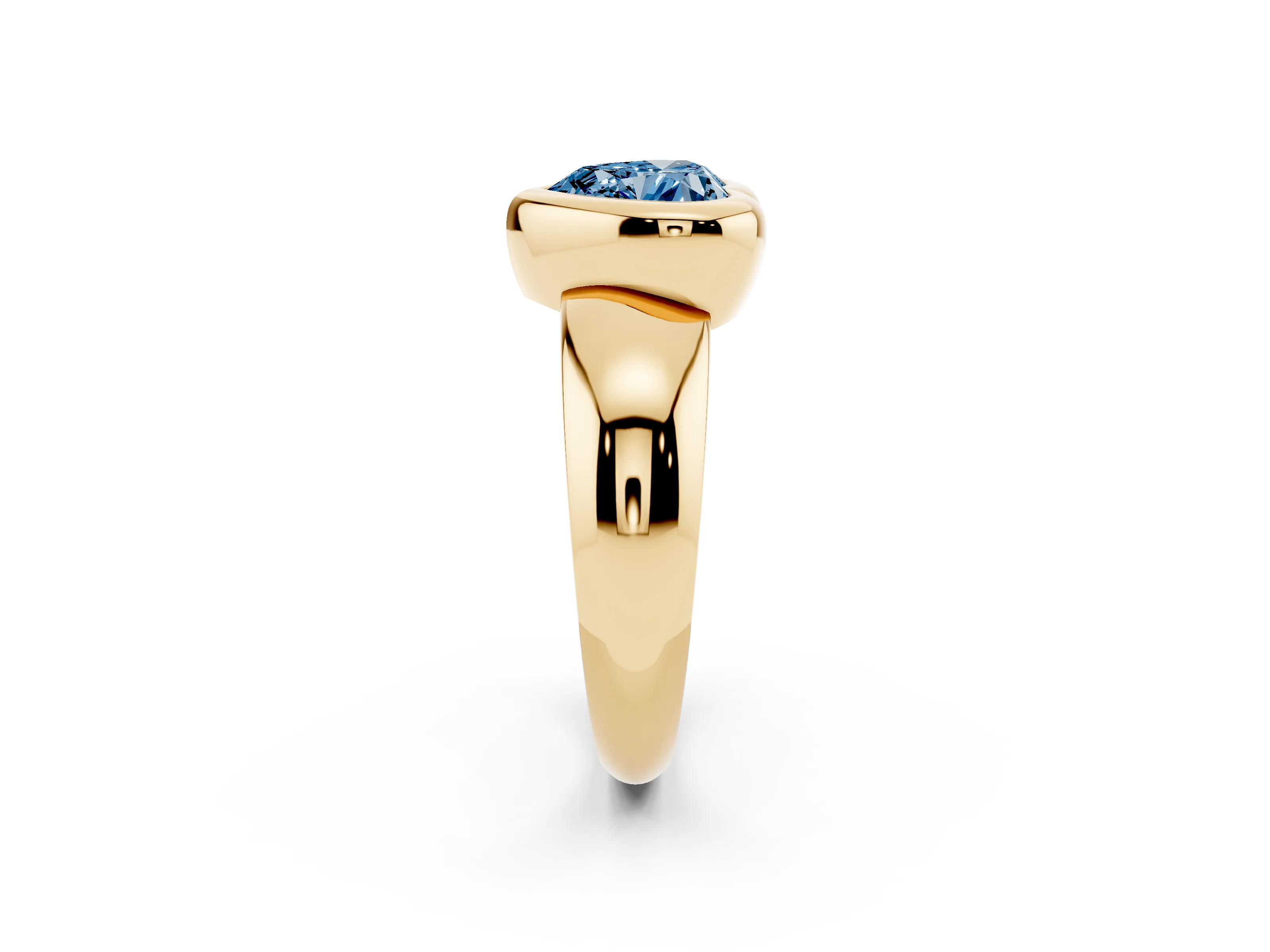 Fancy Blue Bezel Set Heart Cut Diamond Solitaire Ring Set in Yellow gold with Wide Band