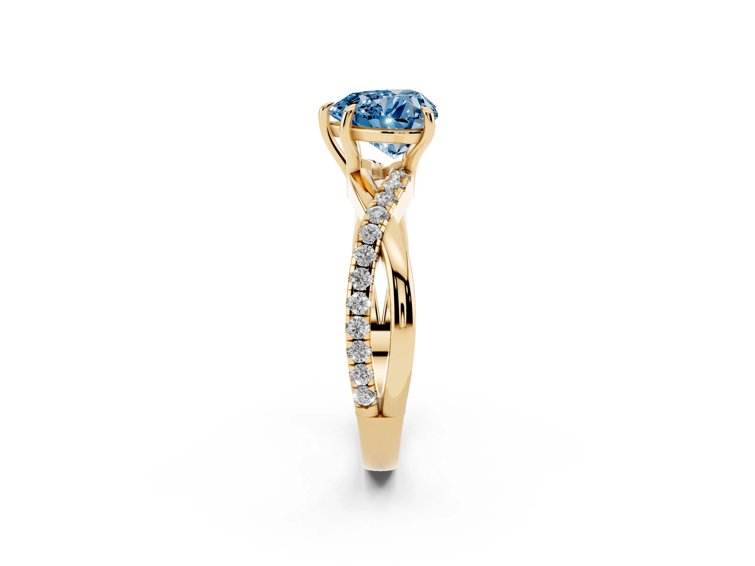 Fancy Blue Heart Cut Diamond Twisted Pavé Band Ring Set in Yellow gold with Prong Setting