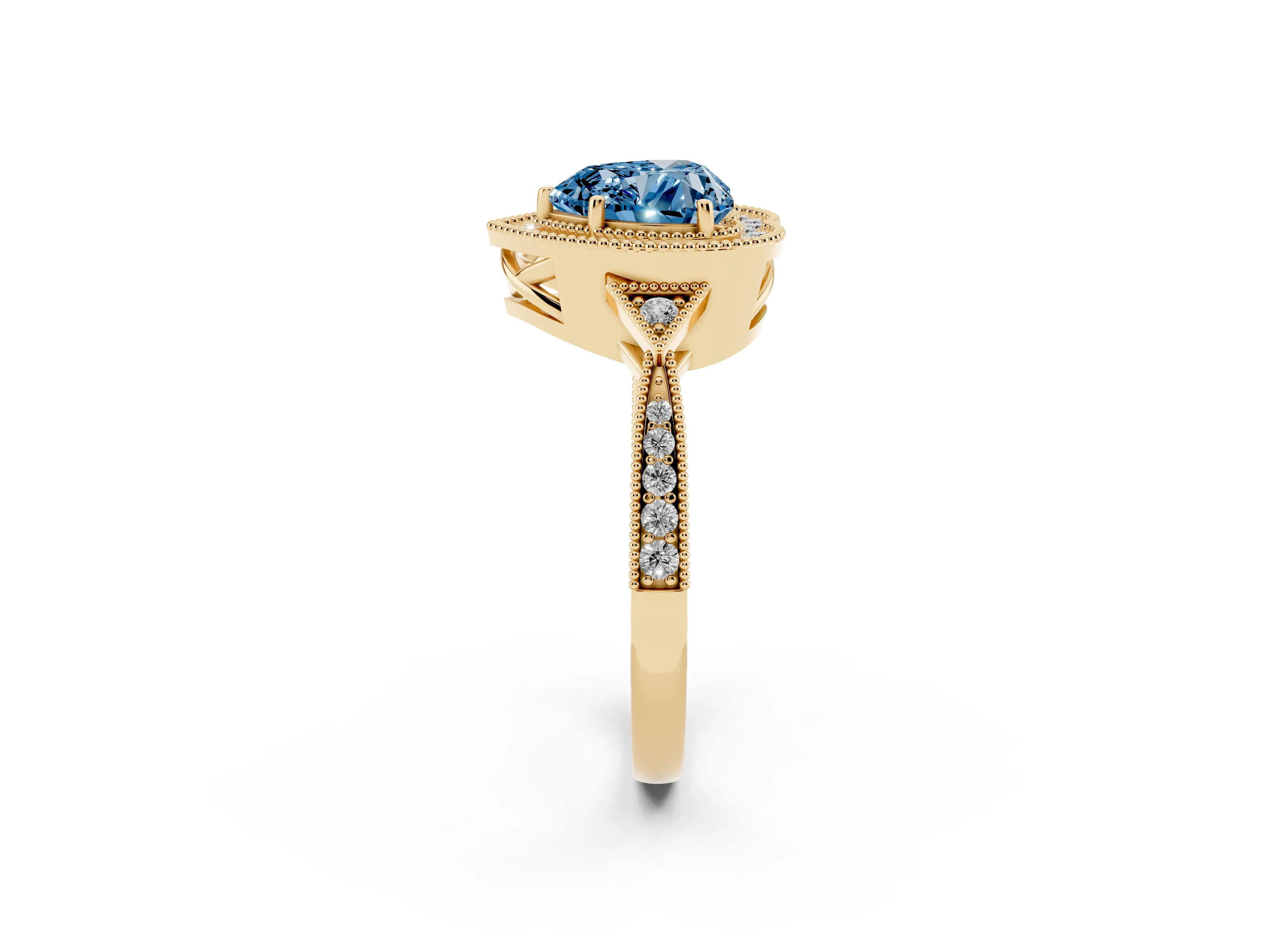 Fancy Blue Heart Cut Diamond Halo Engagement Ring Set in Yellow gold with Milgrain Pavé Band
