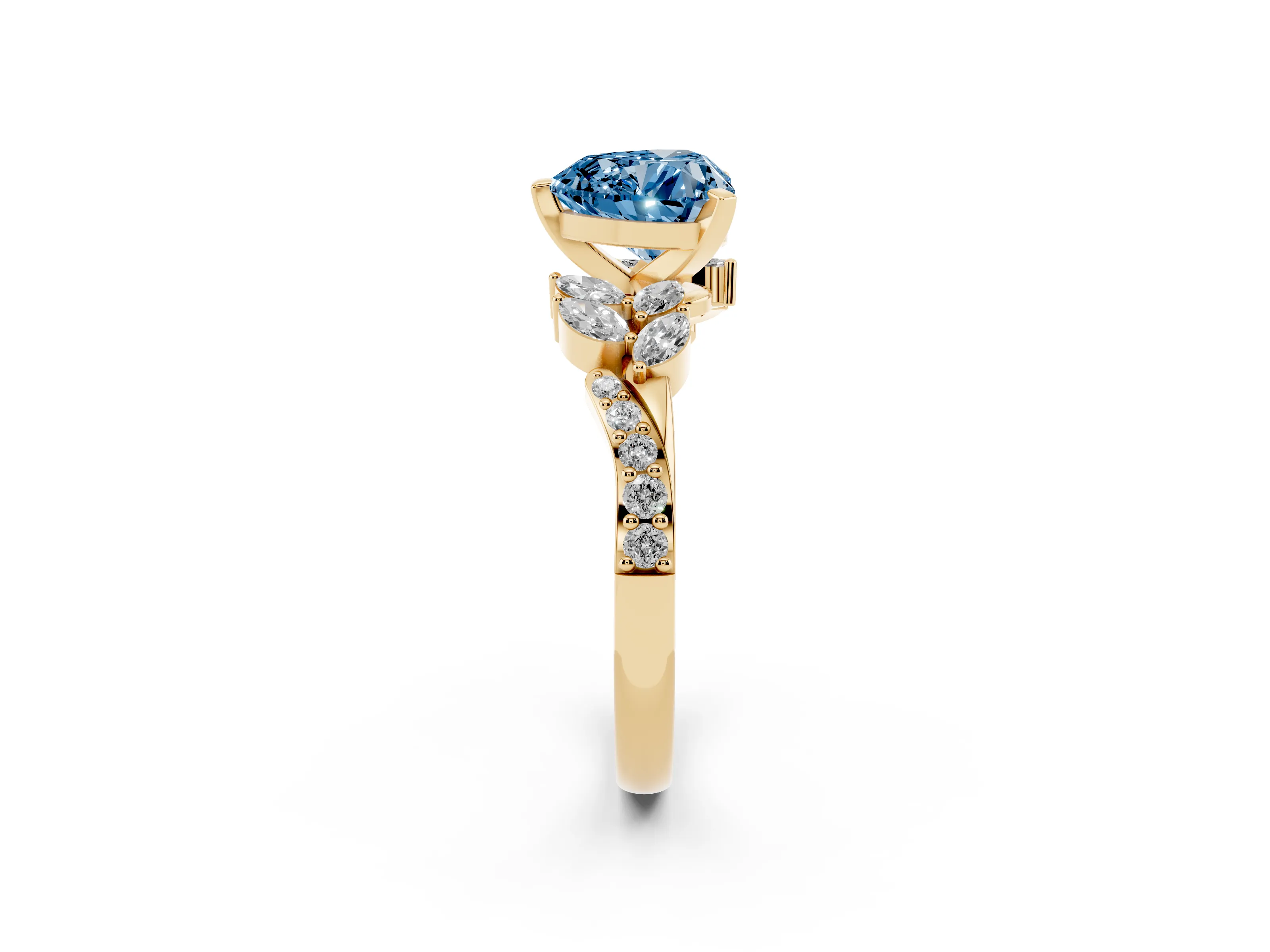 Fancy Blue Heart Cut Diamond Solitaire Ring Set in Yellow gold with Marquise Twist Band and Prong Setting