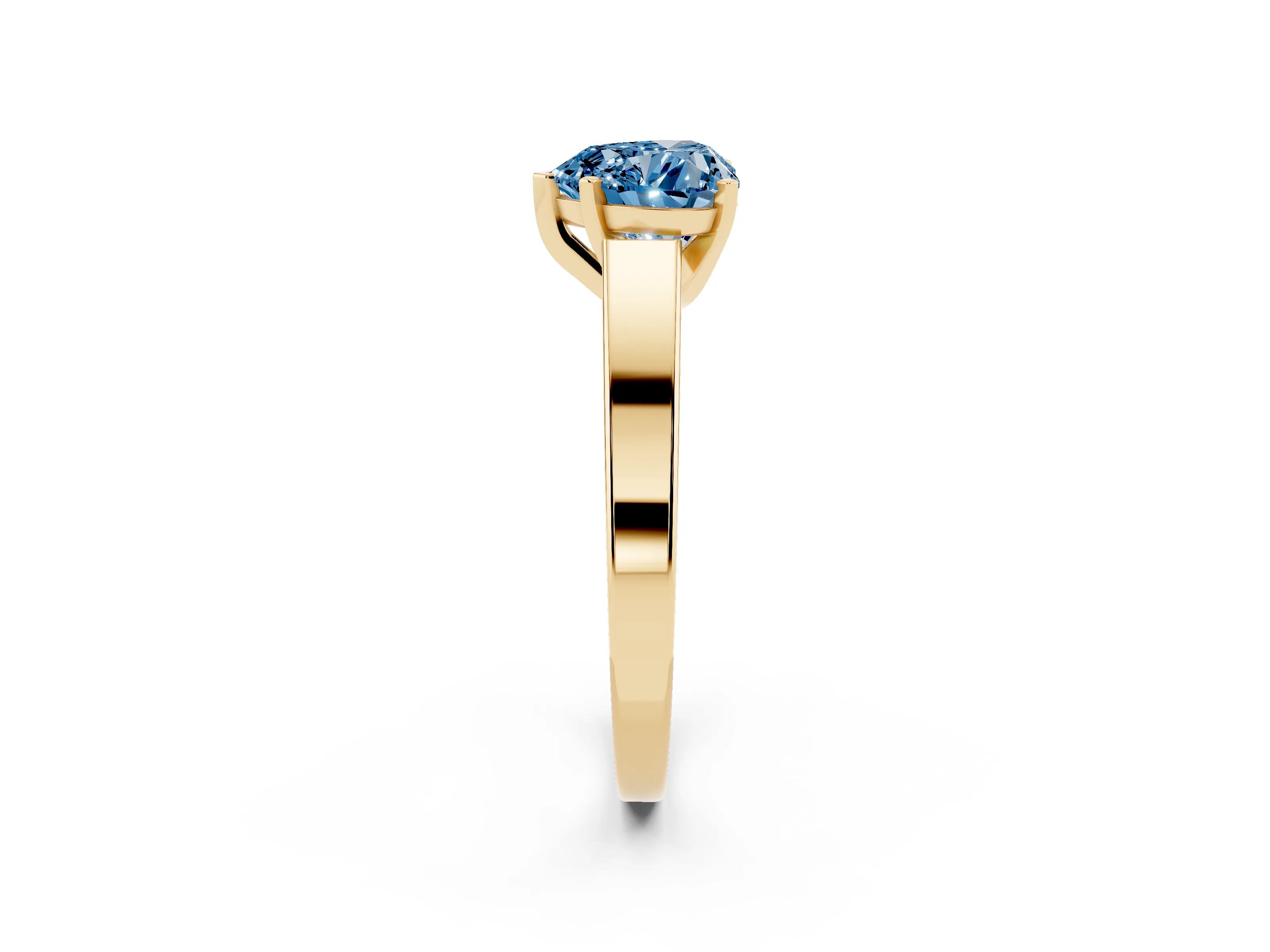 Fancy Blue Heart Cut Diamond Solitaire Engagement Ring Set in Yellow gold with Prong Setting and Tapered Band