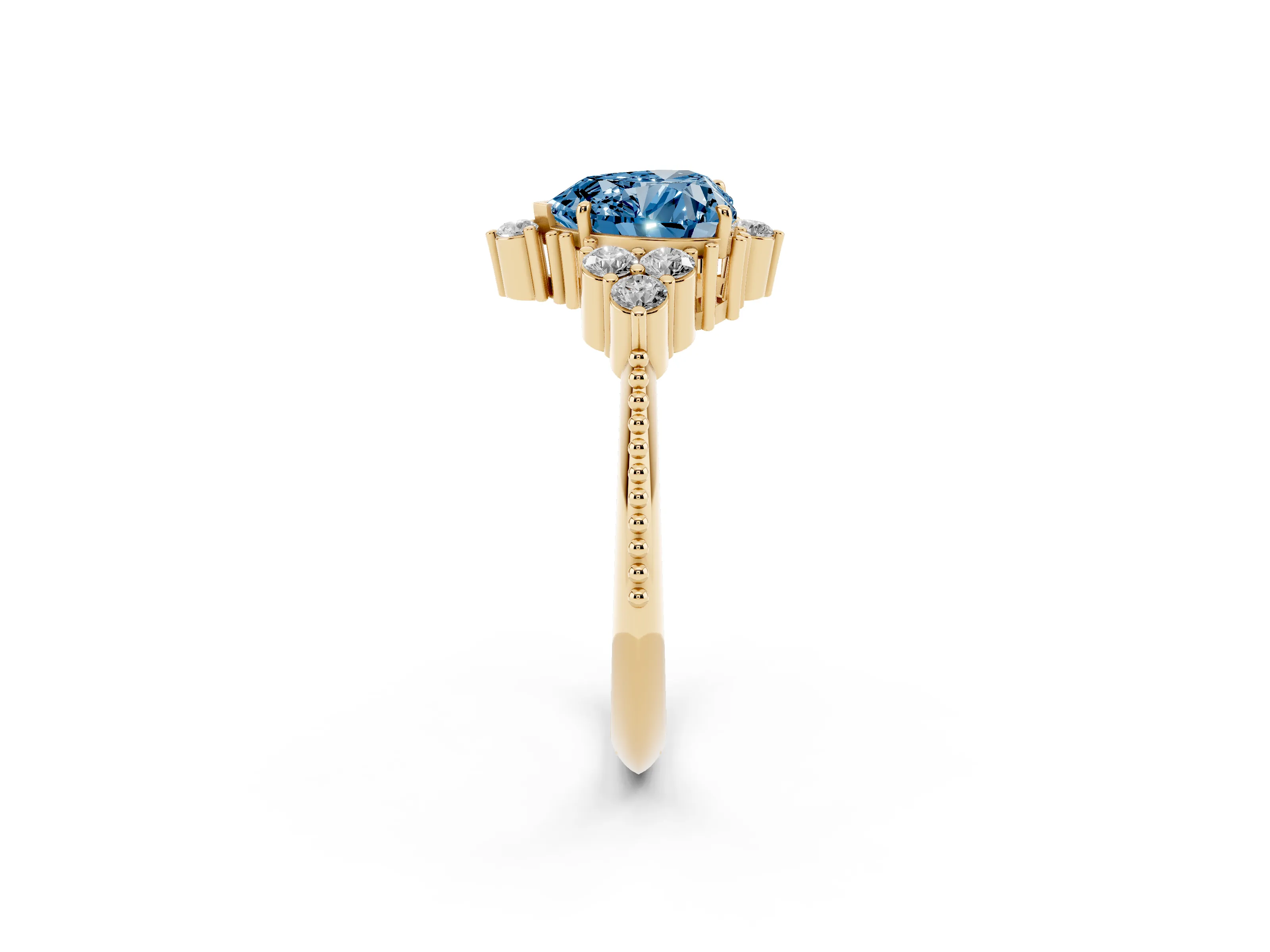 Fancy Blue Heart Cut Diamond Cluster Ring Set in Yellow gold with Beaded Band