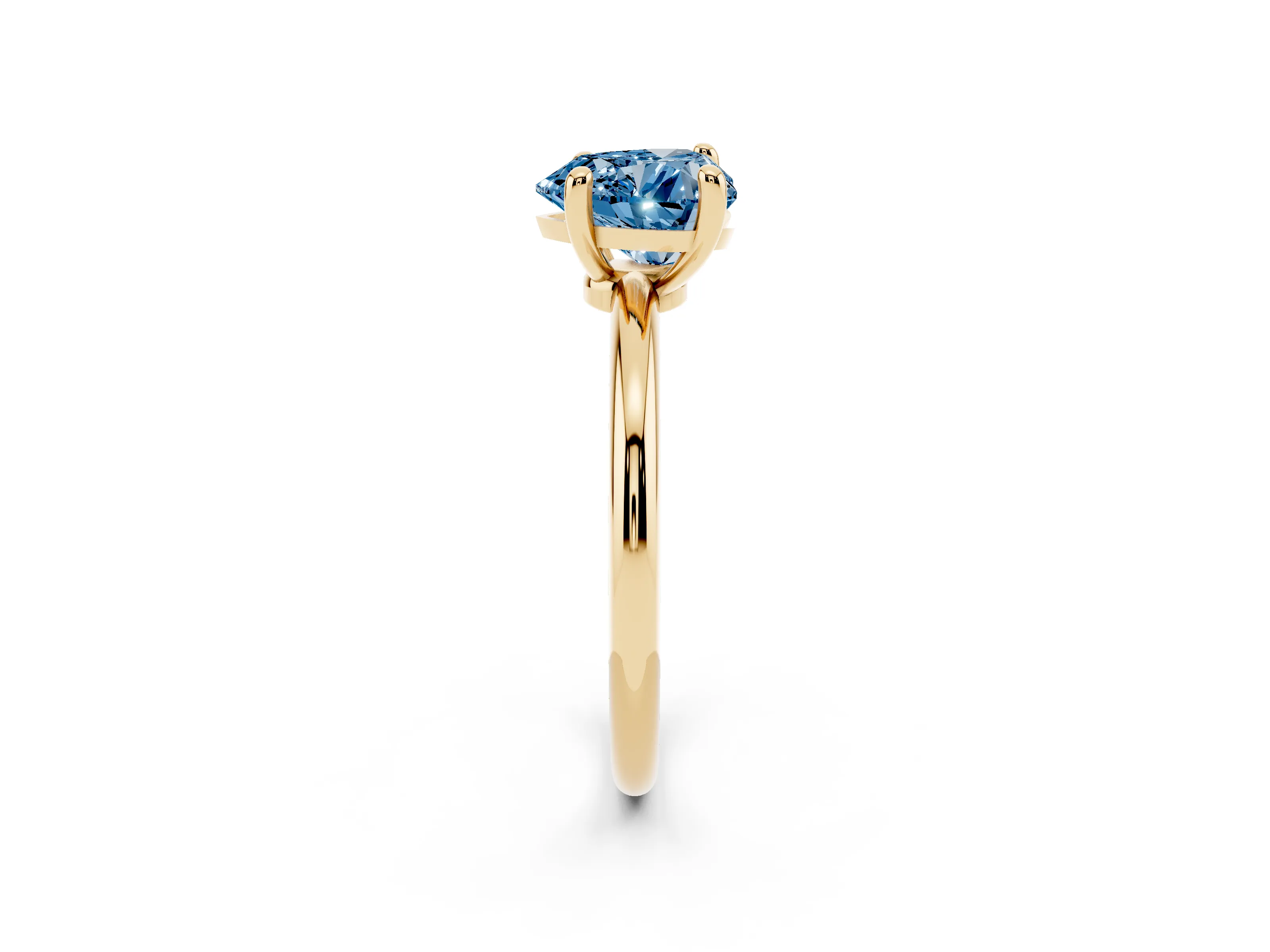 Fancy Blue Heart Cut Diamond Solitaire Ring Set in Yellow gold with Secure Prong Setting on a Classic Band