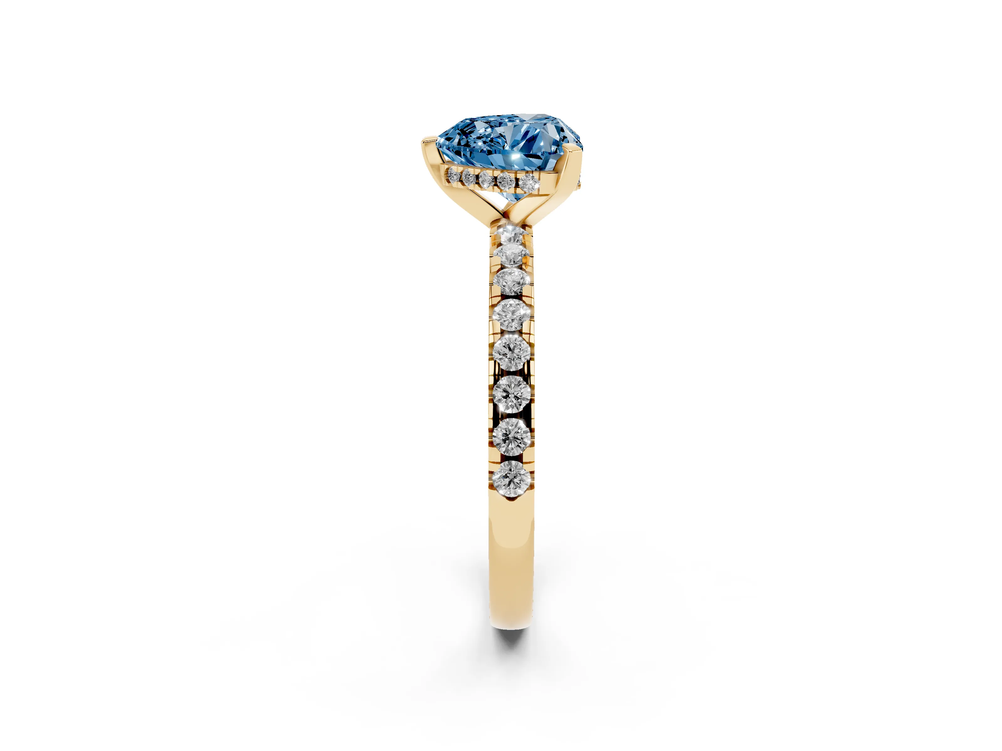 Fancy Blue Heart Cut Diamond Pavé Solitaire Ring Set in Yellow gold with Round Band Accents and Prong Setting