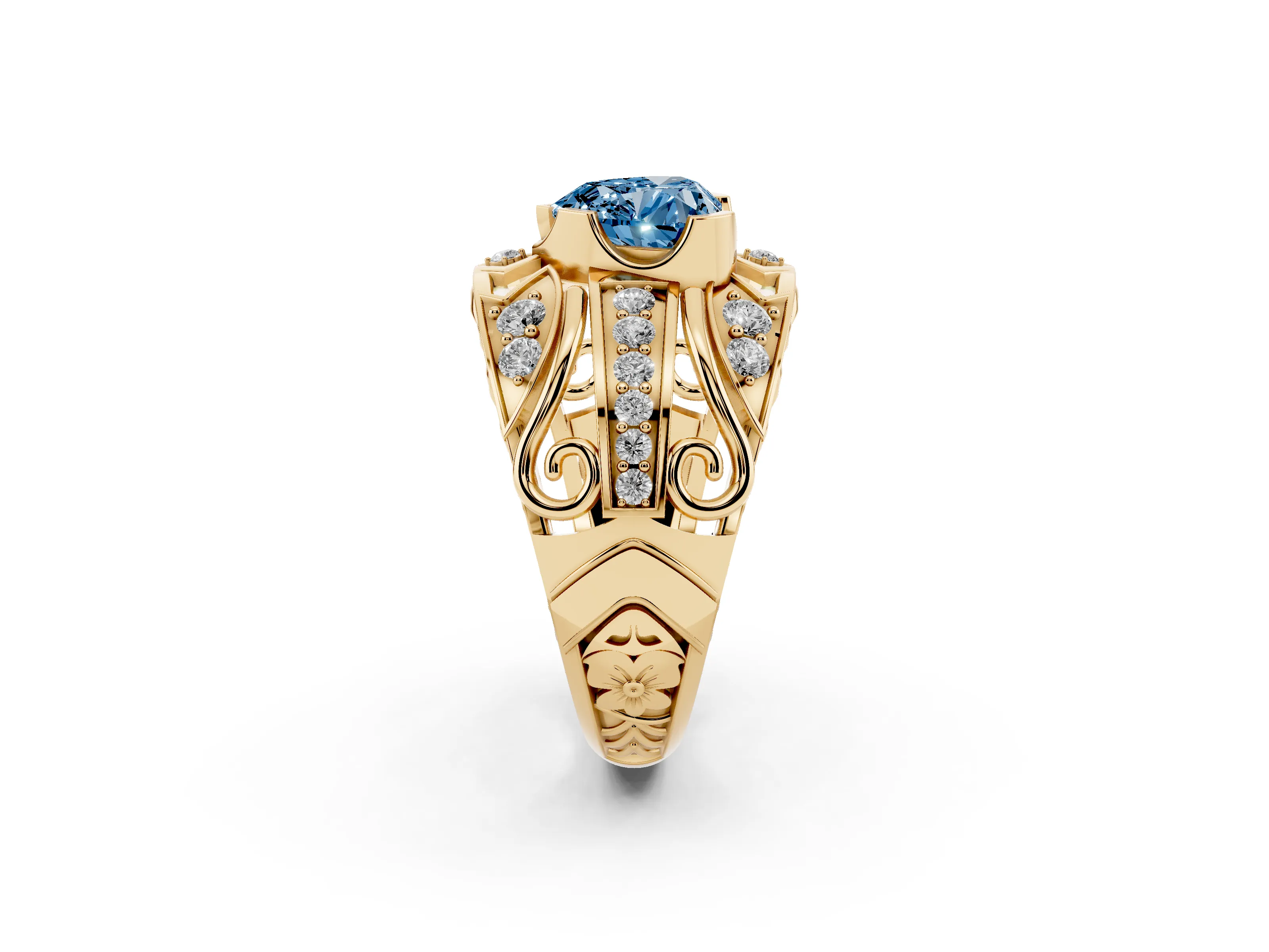 Fancy Blue Heart Cut Diamond Art Deco Ring Set in Yellow gold with Pavé Split Shank