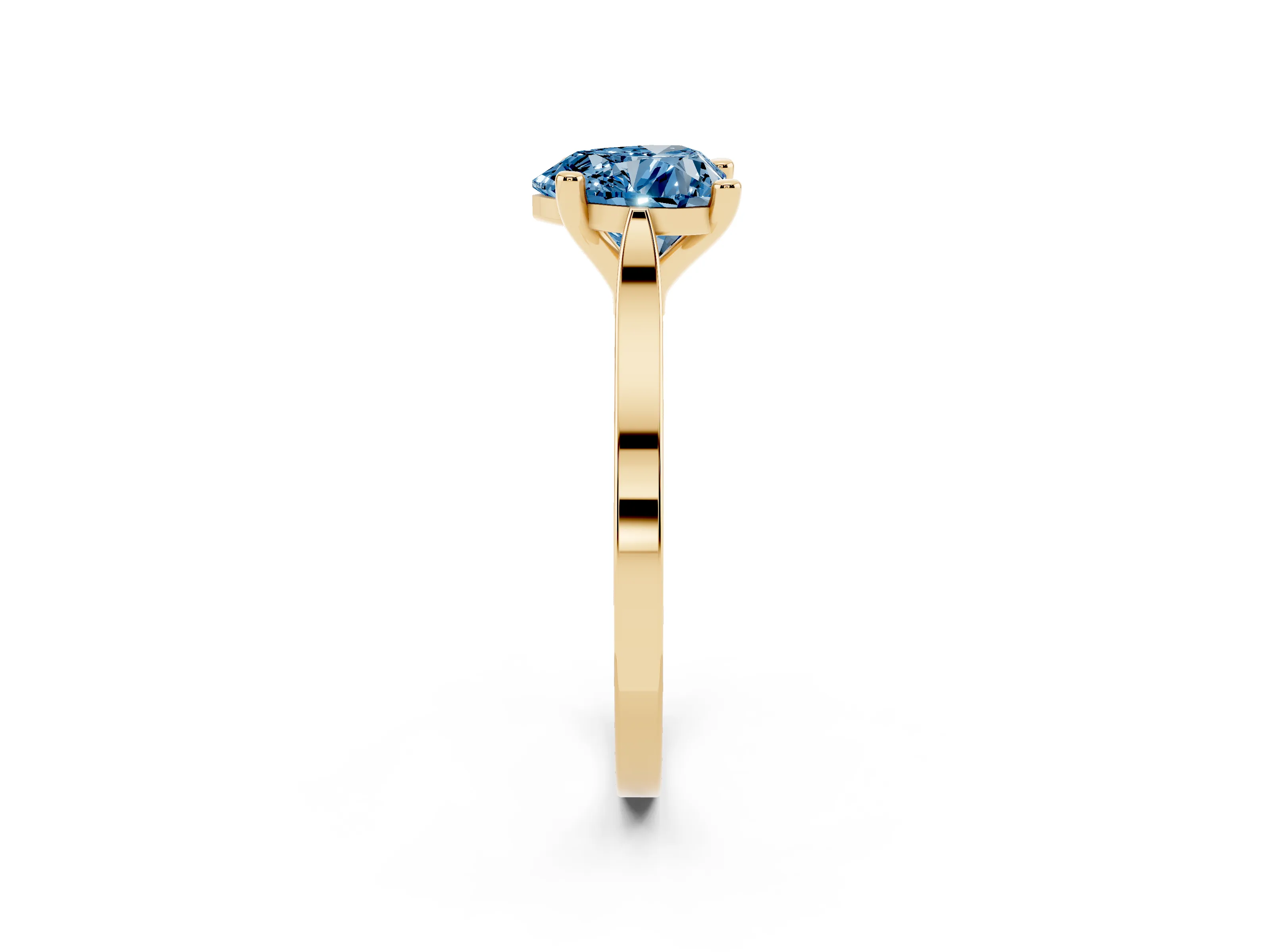 Fancy Blue Heart Cut Diamond Solitaire Ring Set in Yellow gold with Prong Setting and Tapered Band