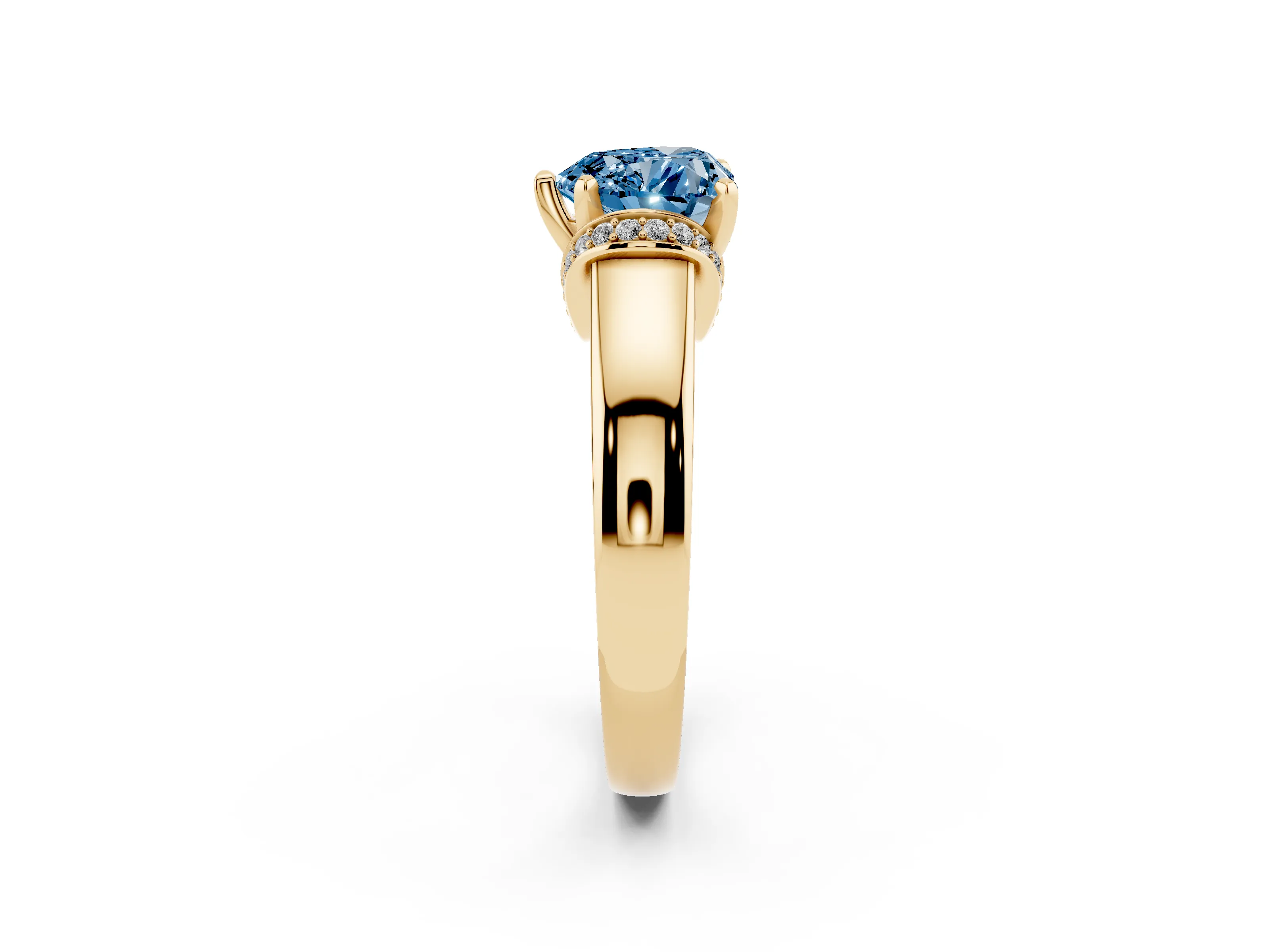 Fancy Blue Heart Cut Diamond Pavé Band Solitaire Ring Set in Yellow gold with Prong Setting