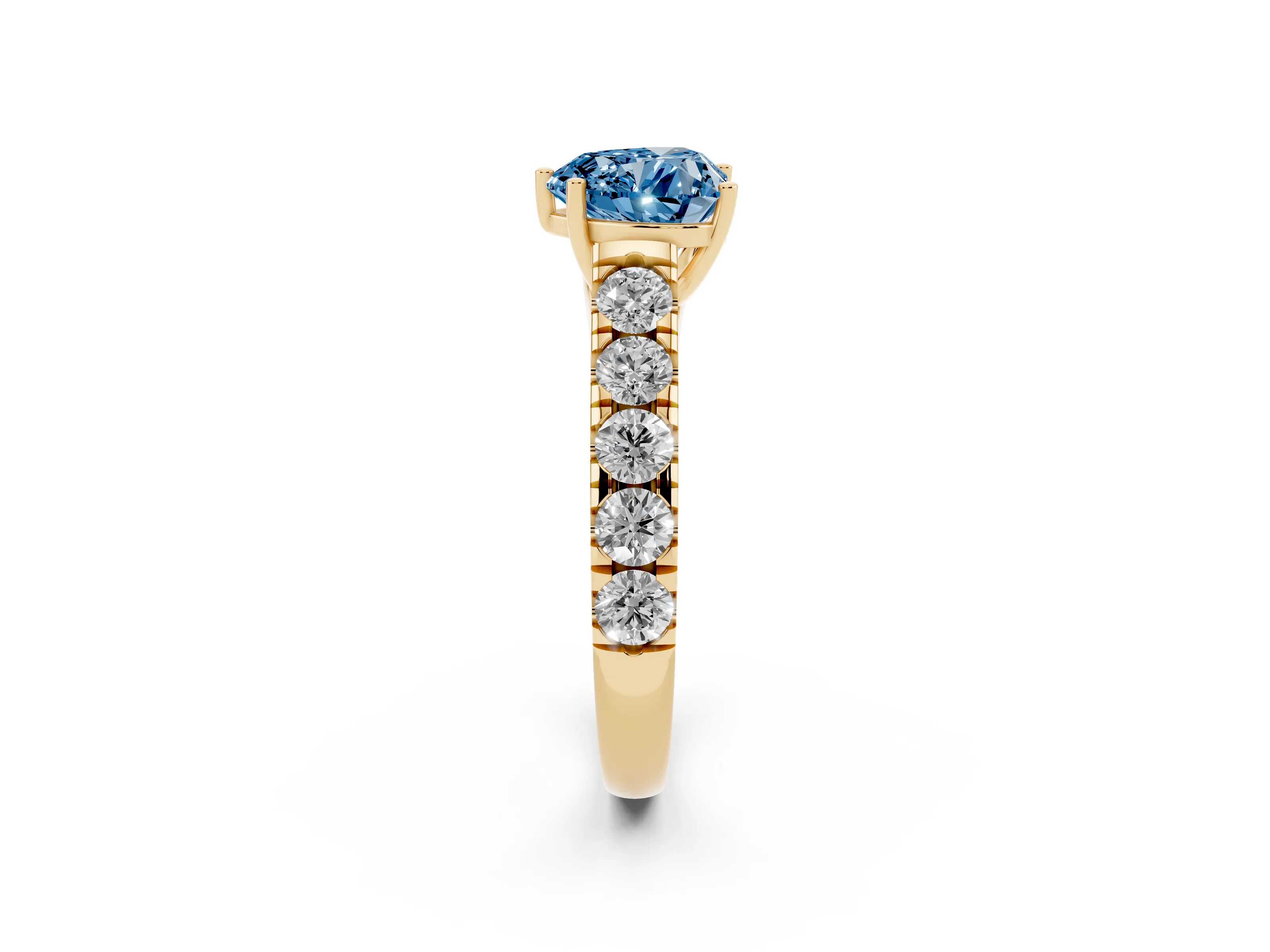 Fancy Blue Heart Cut Diamond Solitaire Ring Set in Yellow gold with Cut-Down Micro Pavé Band and Prong Setting