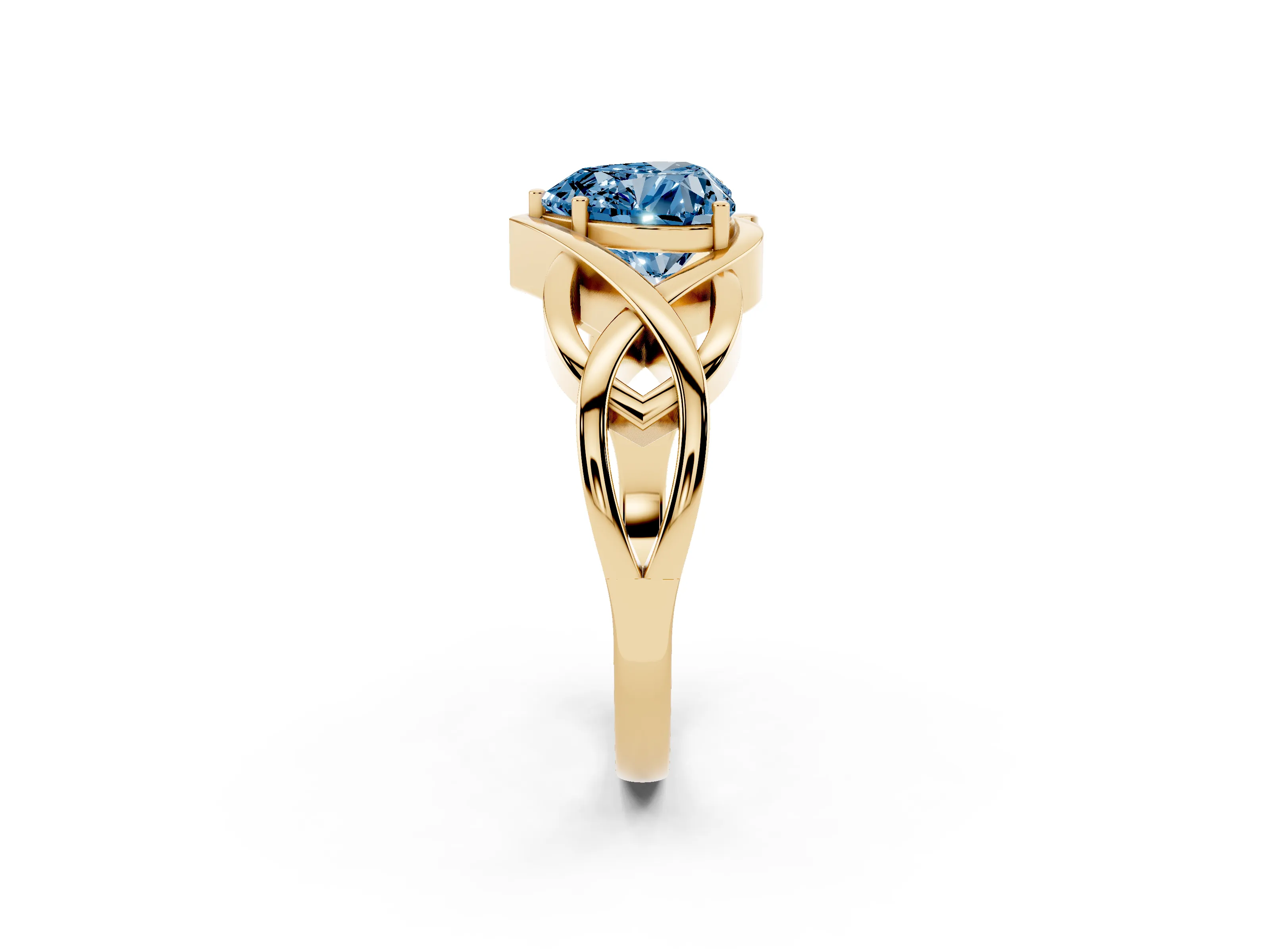 Fancy Blue Heart Cut Diamond Solitaire Ring Set in Yellow gold with Intertwined Band