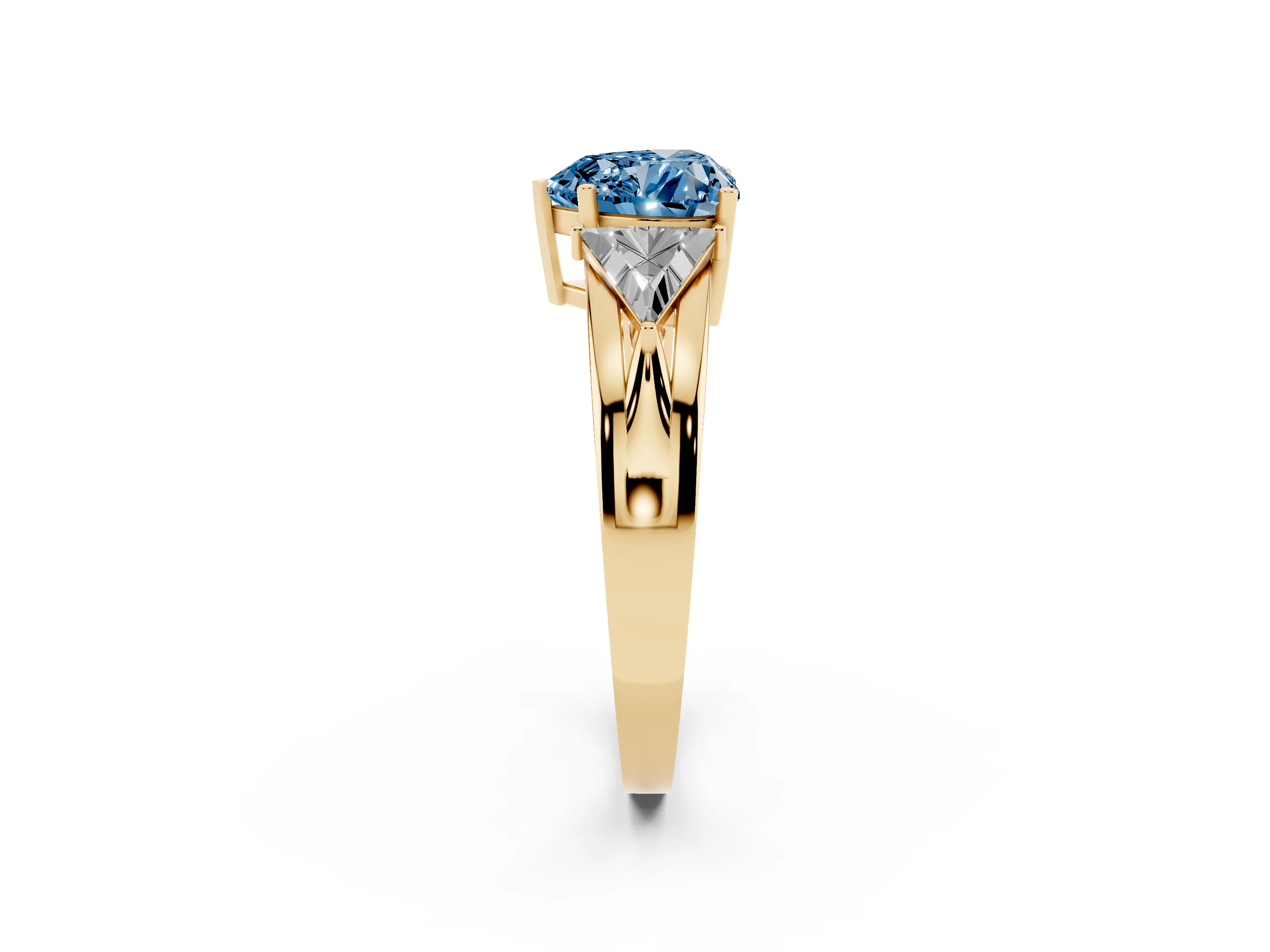 Fancy Blue Heart Cut Diamond Three-Stone Ring Set in Yellow gold with Trillion Side Stones and Split Shank