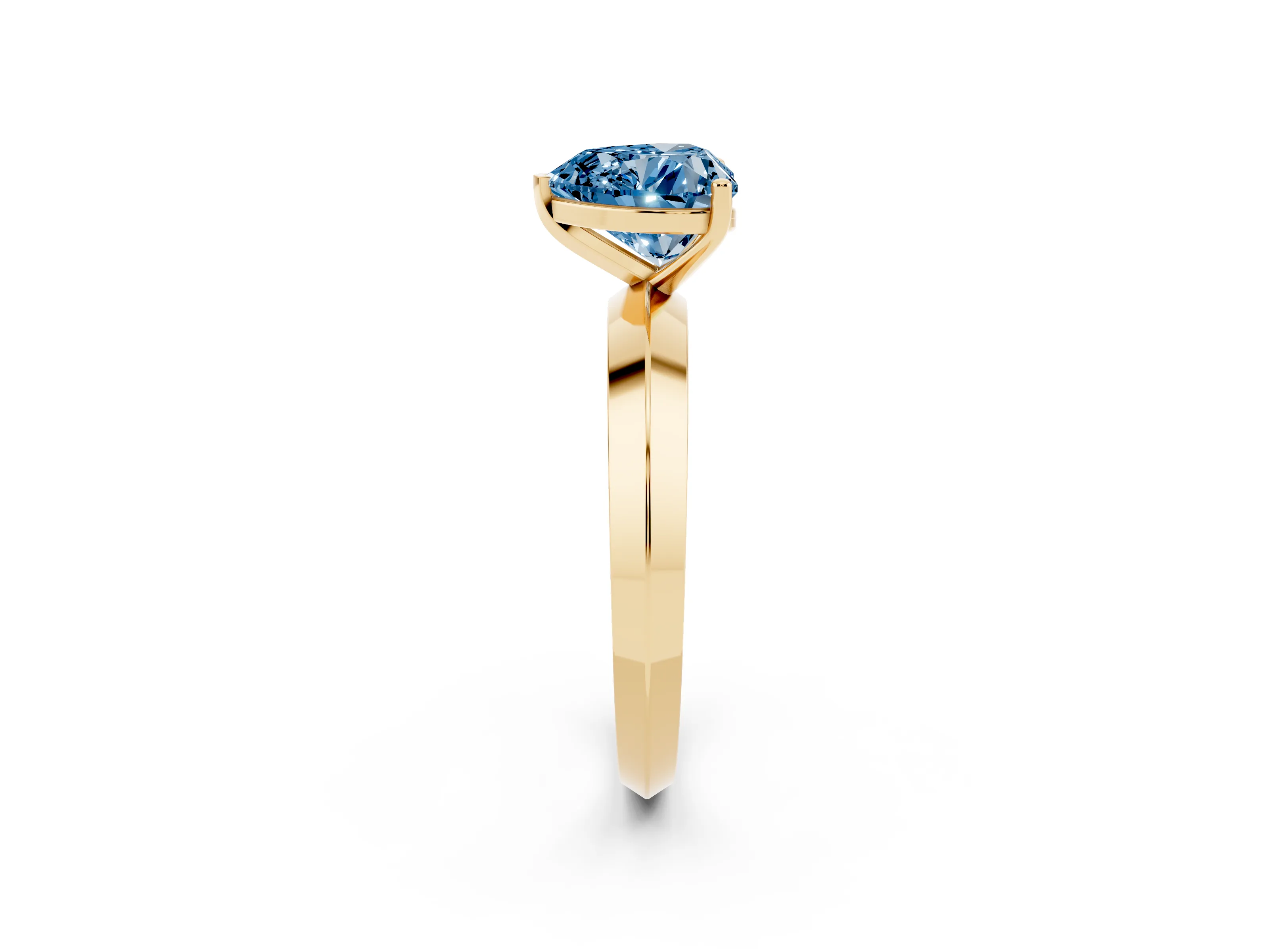 Fancy Blue Heart Cut Diamond Solitaire Engagement Ring Set in Yellow gold with Flat Band and Prong Setting