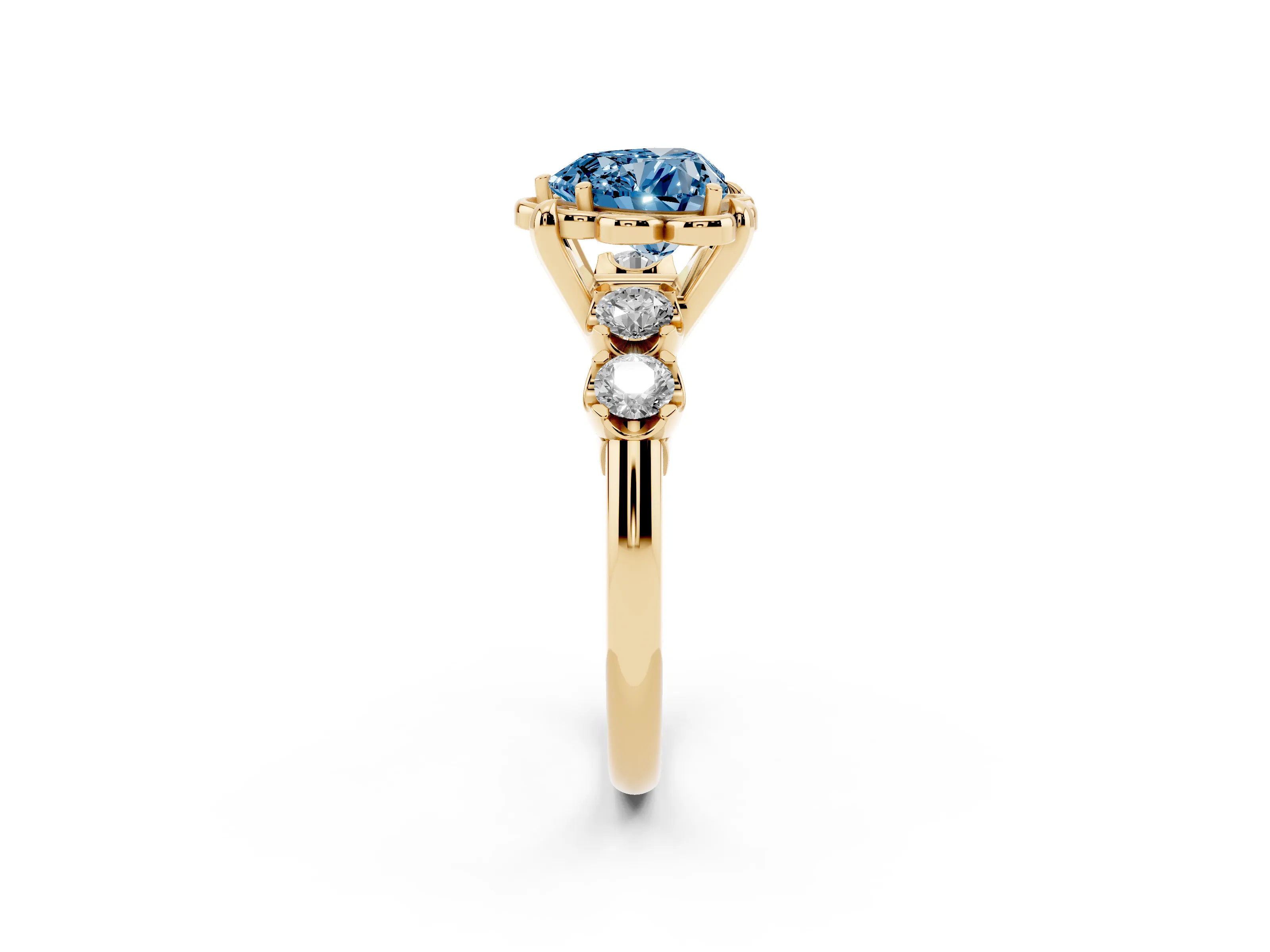 Fancy Blue Heart Cut Diamond Floral Halo Ring Set in Yellow gold with Shared Prong Band