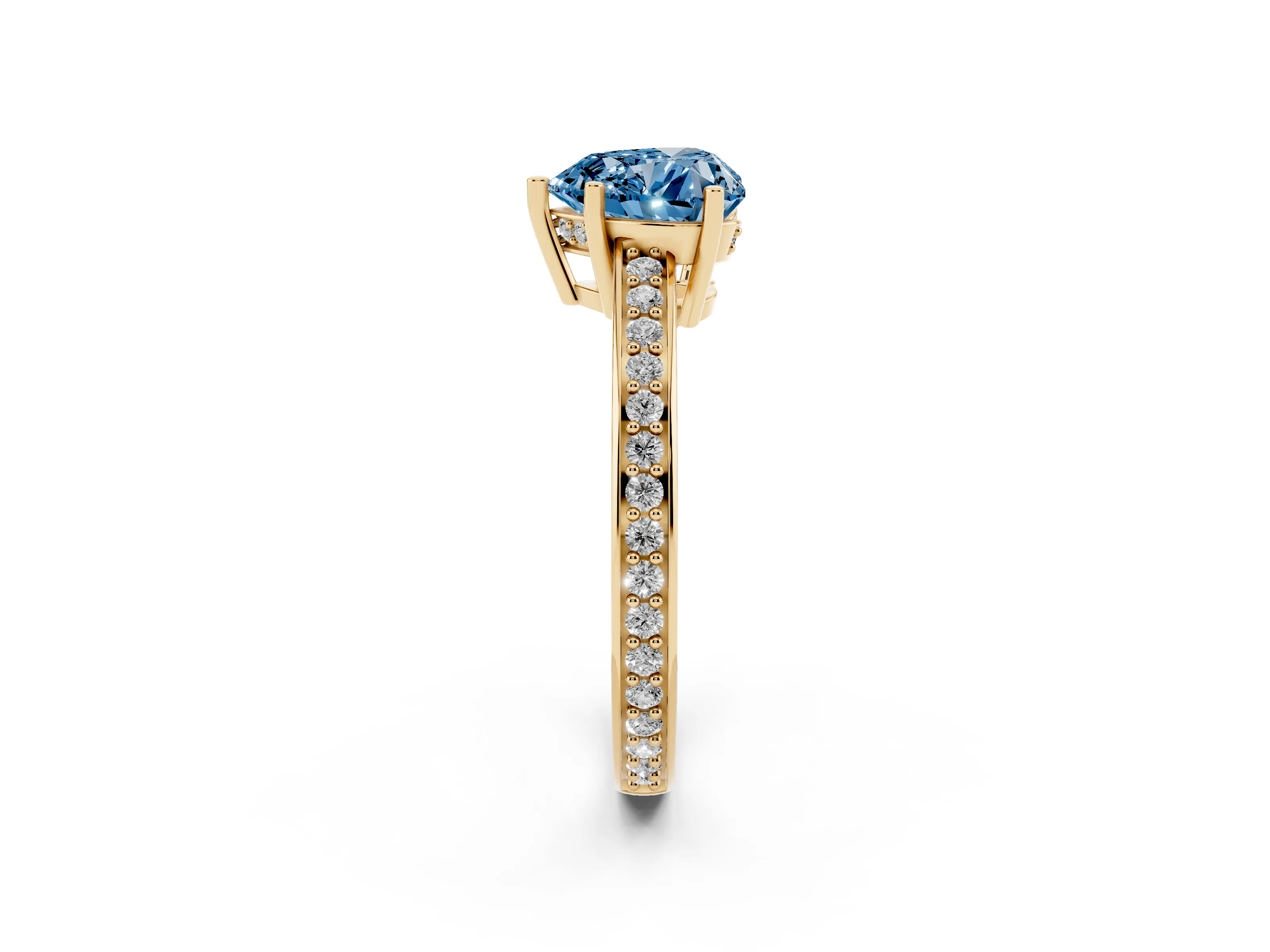 Fancy Blue Heart Cut Diamond Pavé Band Prong Set Solitaire Ring Set in Yellow gold