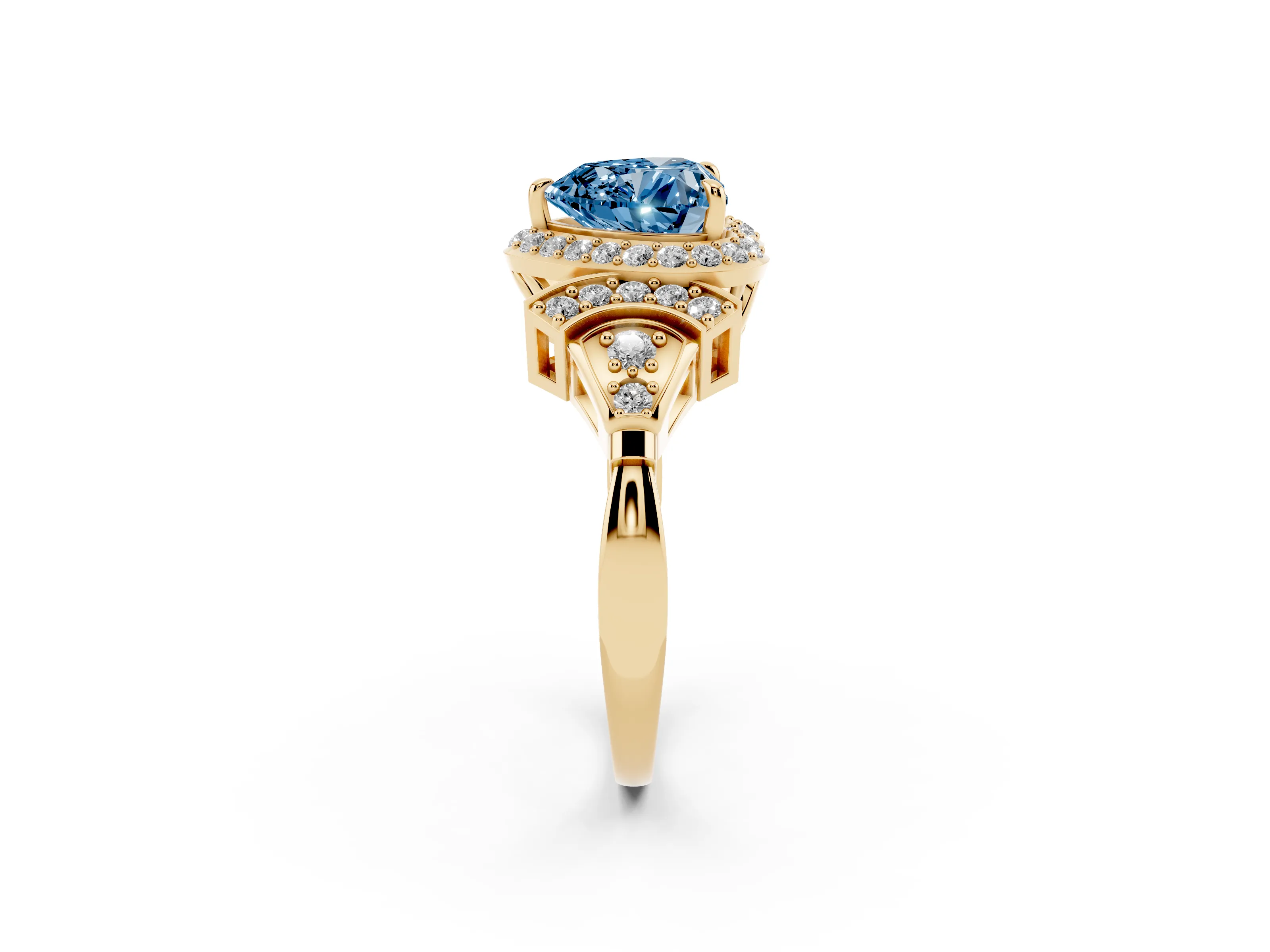 Fancy Blue Heart Cut Diamond Halo Engagement Ring Set in Yellow gold with Accent Stone Split Shank
