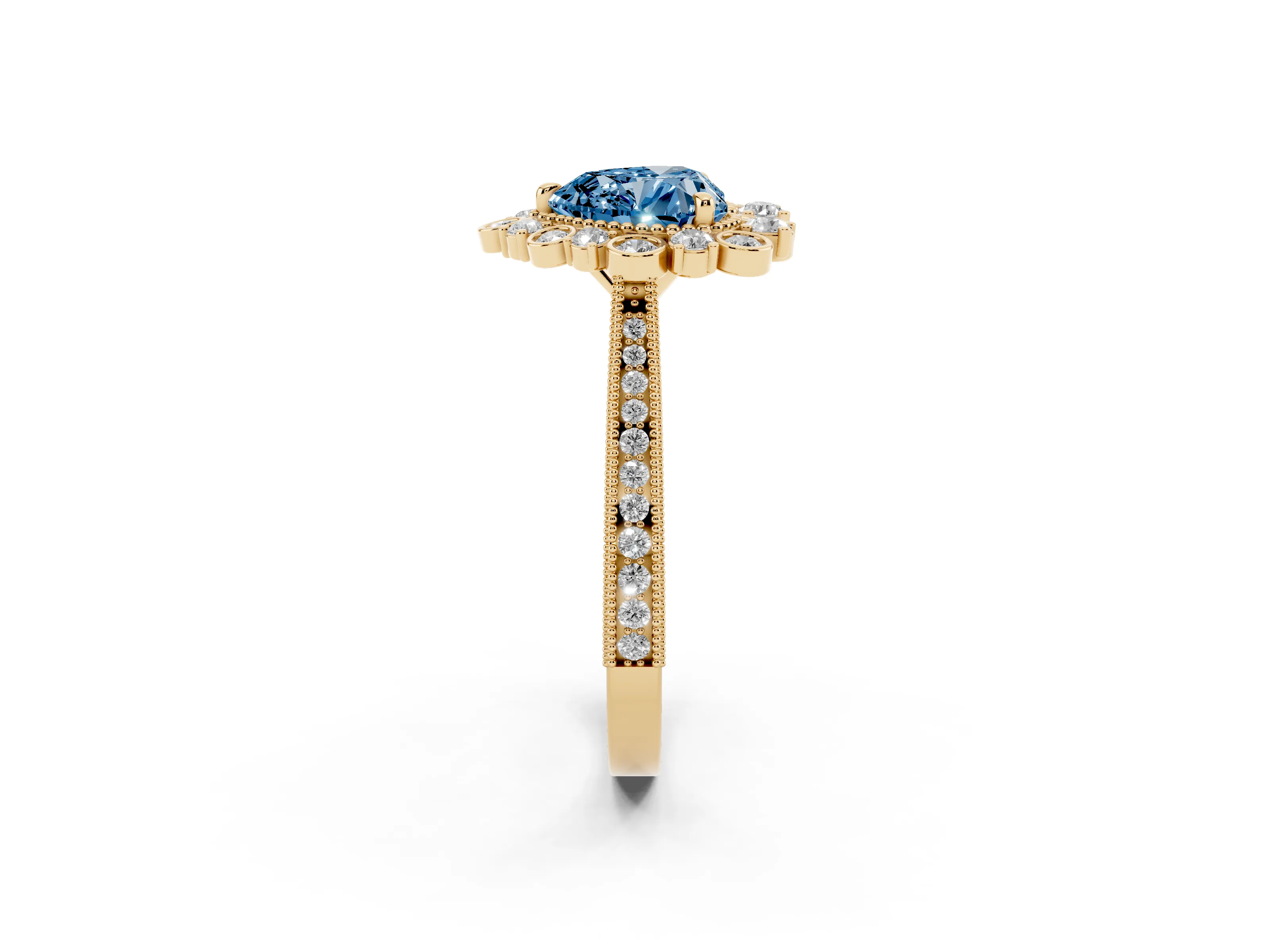 Fancy Blue Heart Cut Diamond Halo Milgrain Pavé Ring Set in Yellow gold with Prong Setting