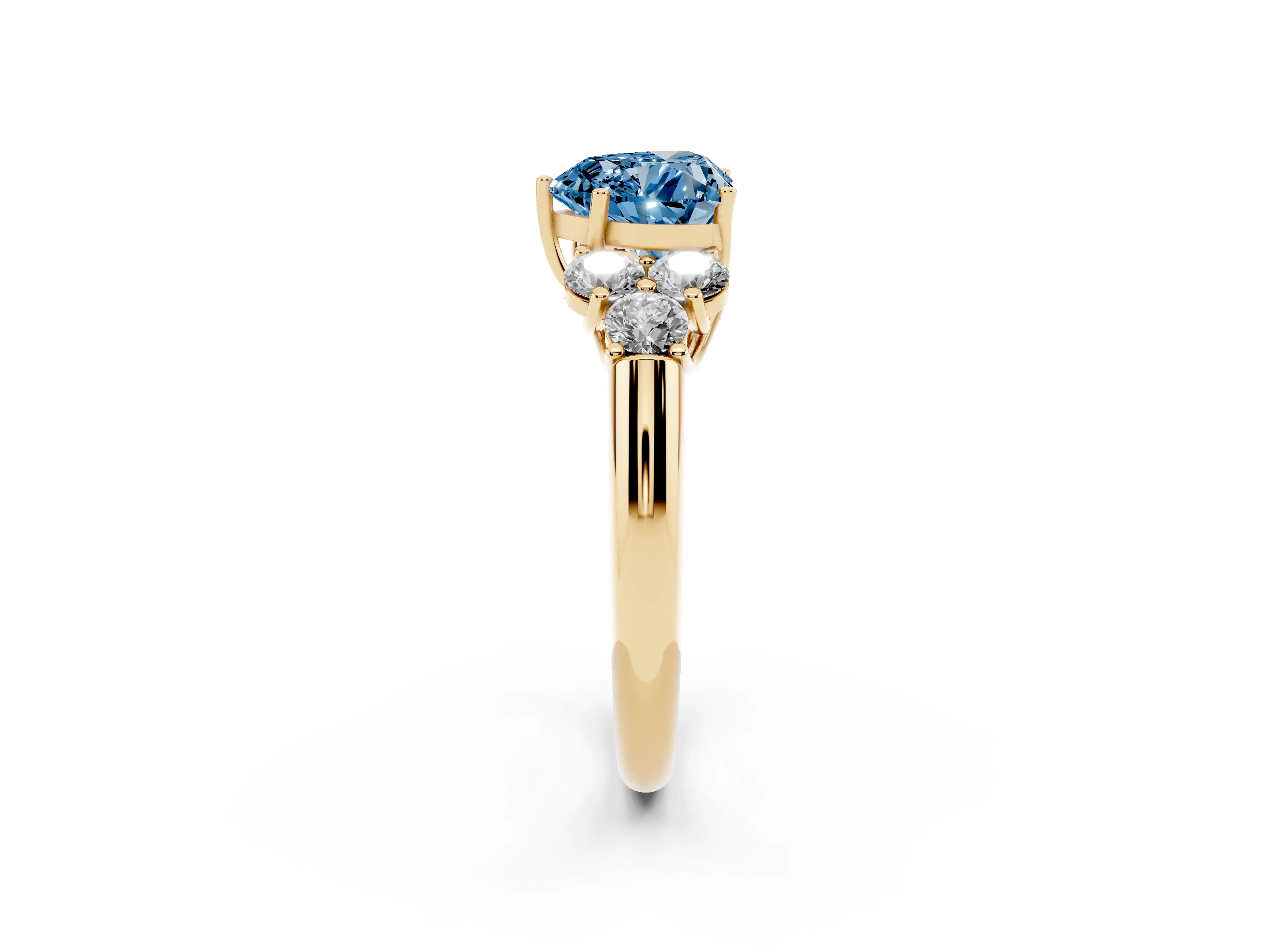Fancy Blue Heart Cut Diamond Cluster Ring Set in Yellow gold with Round Accent Stones and Prong Setting on a Plain Band