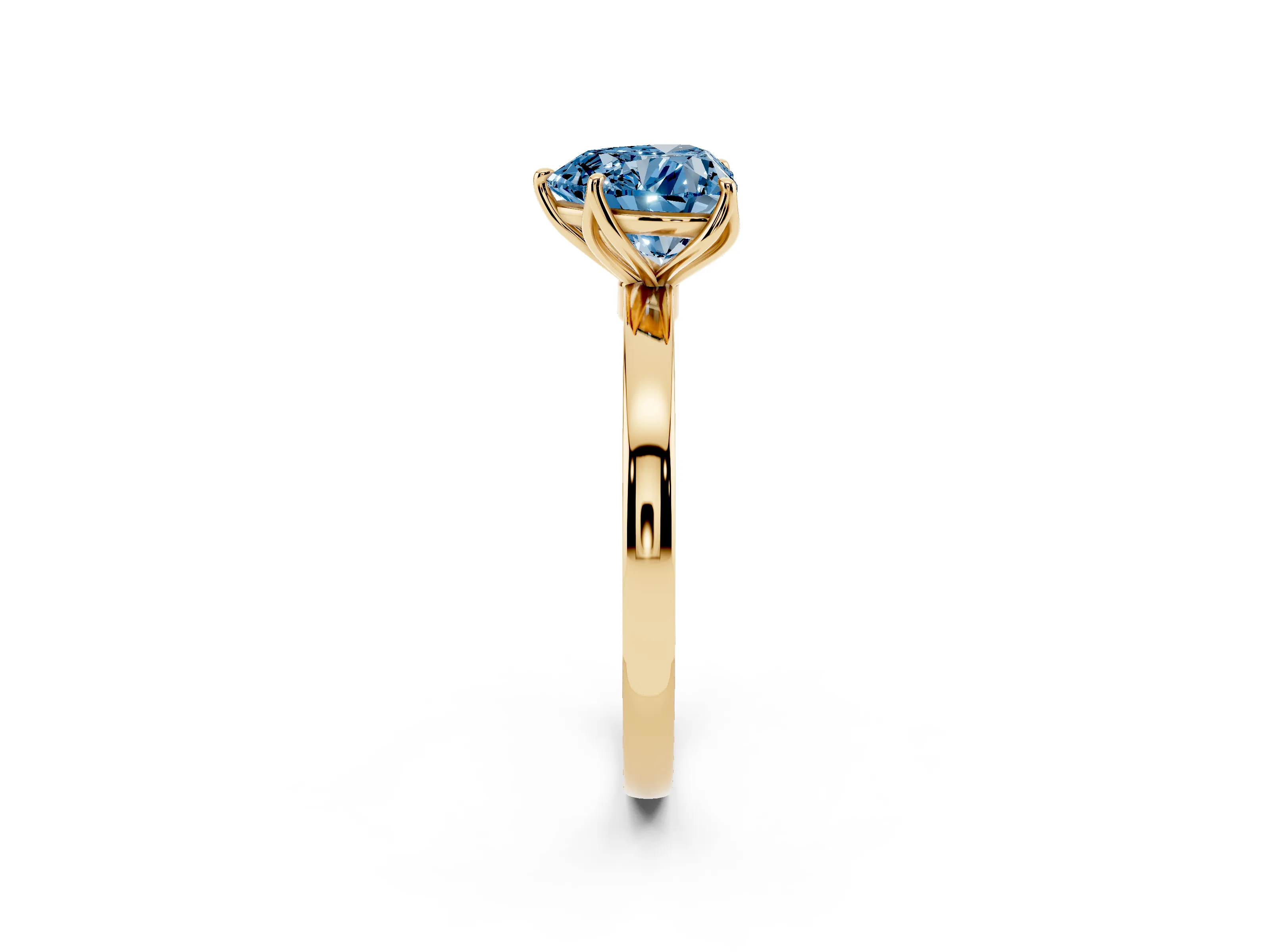 Fancy Blue Heart Cut Diamond Solitaire Ring Set in Yellow gold with Prong Setting and Thin Polished Band