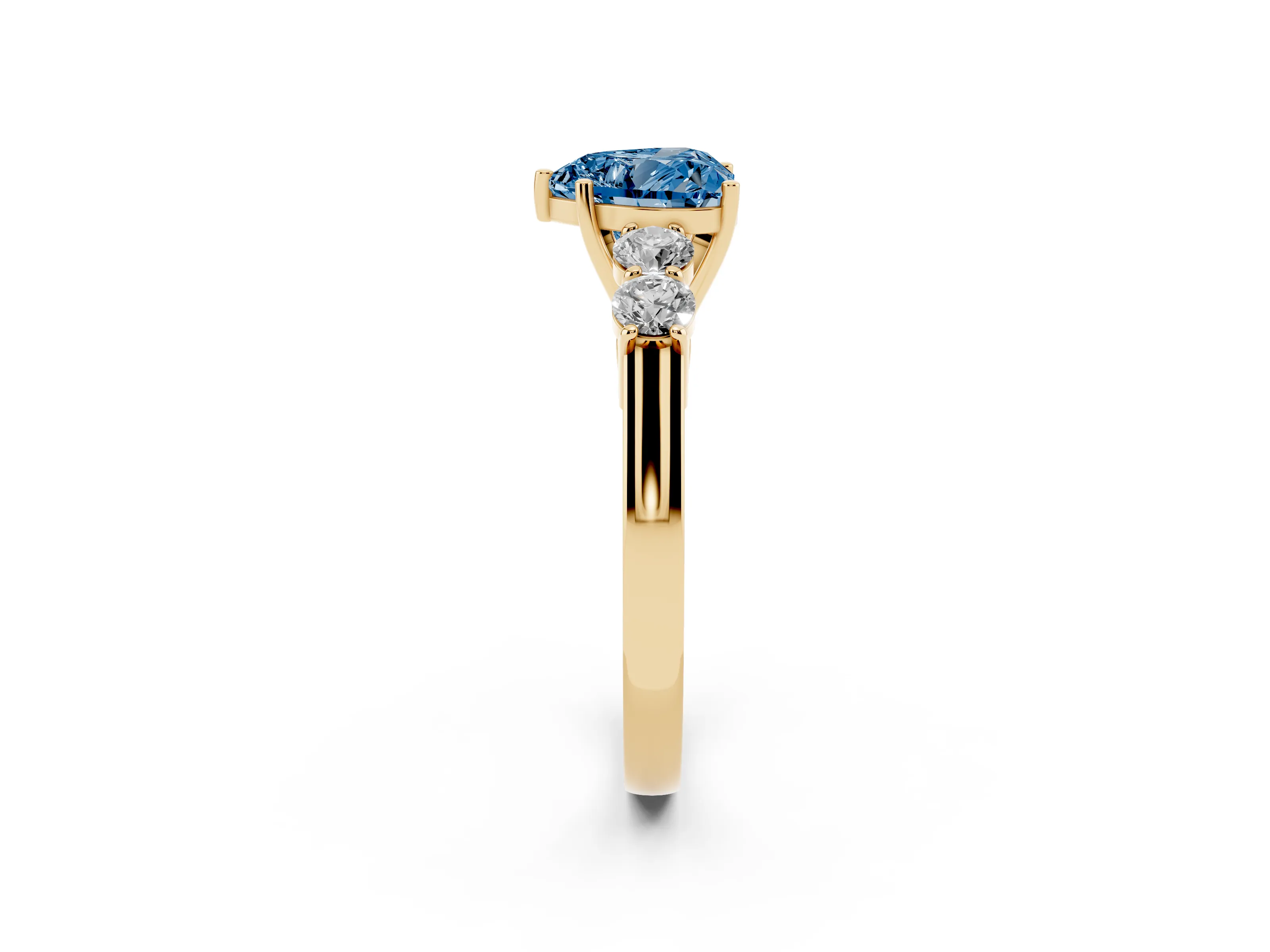 Fancy Blue Heart Cut Diamond Five-Stone Prong Set Band Ring Set in Yellow gold with Polished Band