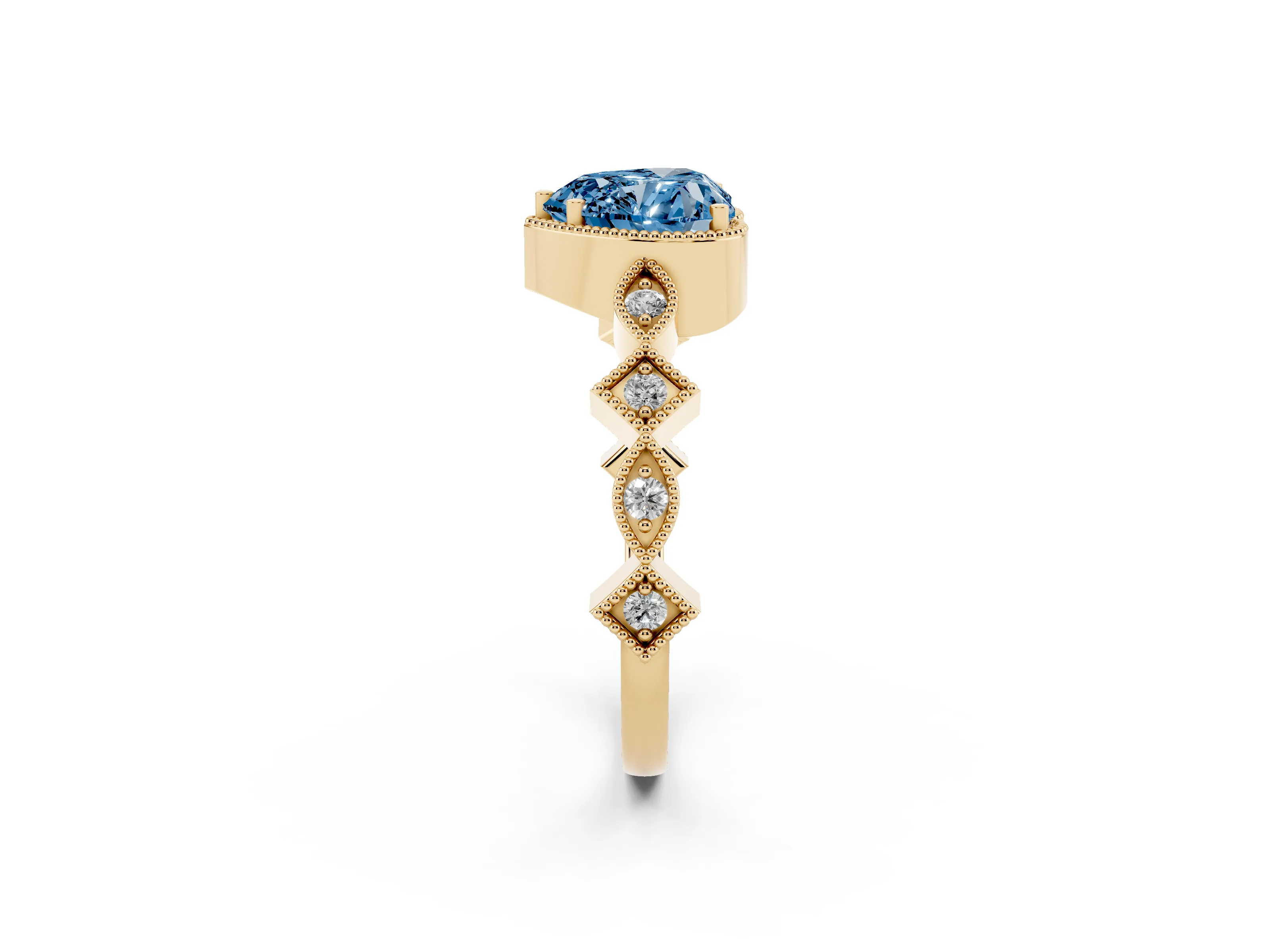 Fancy Blue Heart Cut Diamond Milgrain Marquise Twist Band Ring Set in Yellow gold with Prong Setting