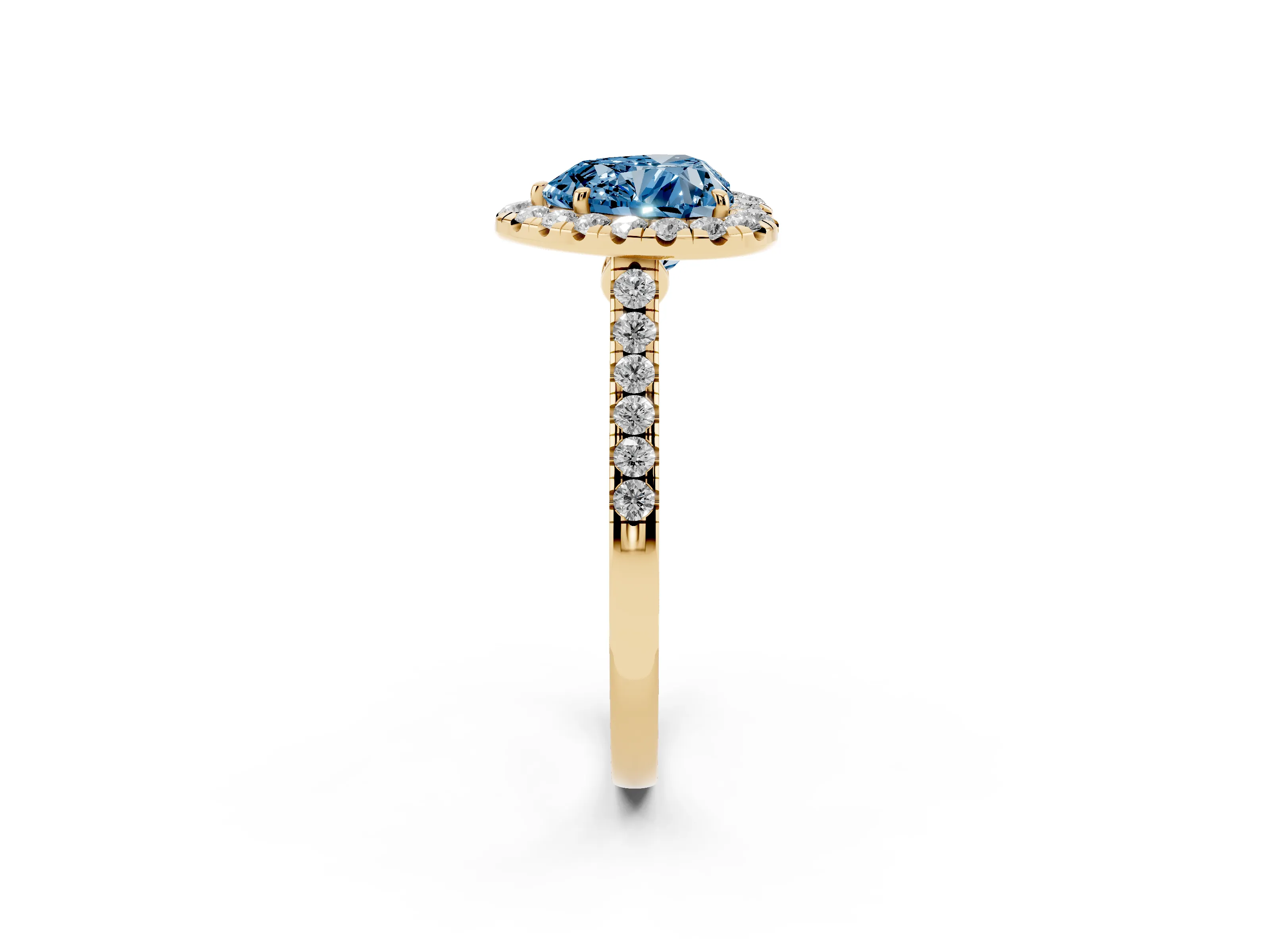 Fancy Blue Heart Cut Diamond Halo Pavé Engagement Ring Set in Yellow gold with Prong Setting