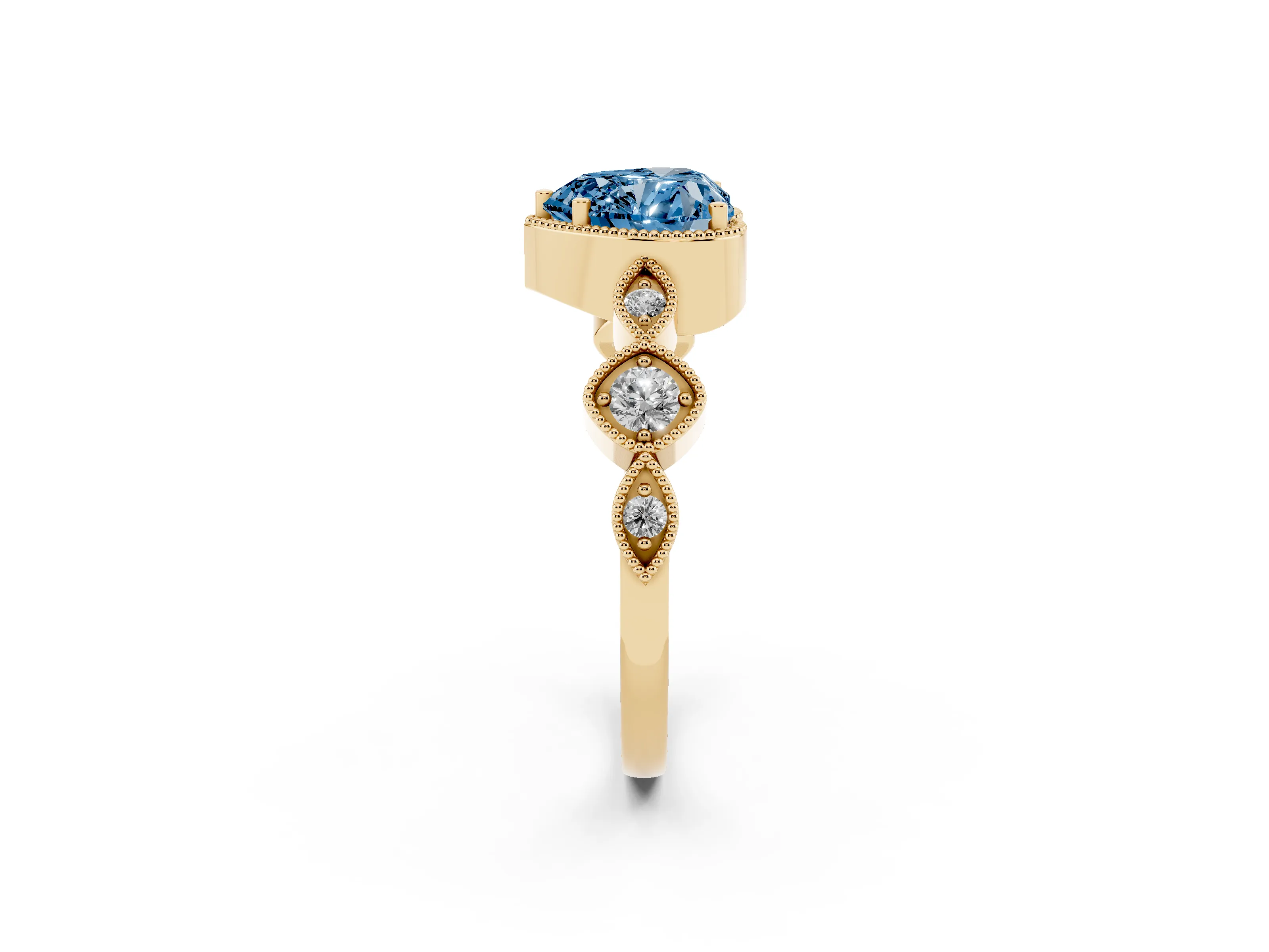 Fancy Blue Heart Cut Diamond Vintage-Inspired Milgrain Ring Set in Yellow gold with Marquise Stations of Round Accents