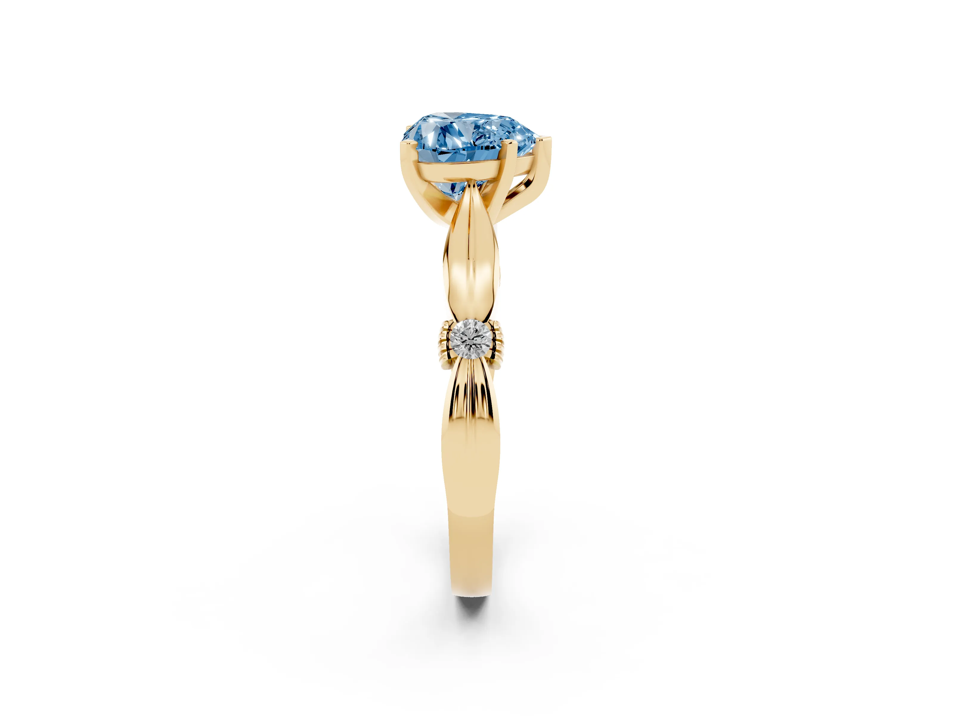 Fancy Blue Heart Cut Diamond Solitaire Twisted Band Ring Set in Yellow gold with Accent Stones and Prong Setting