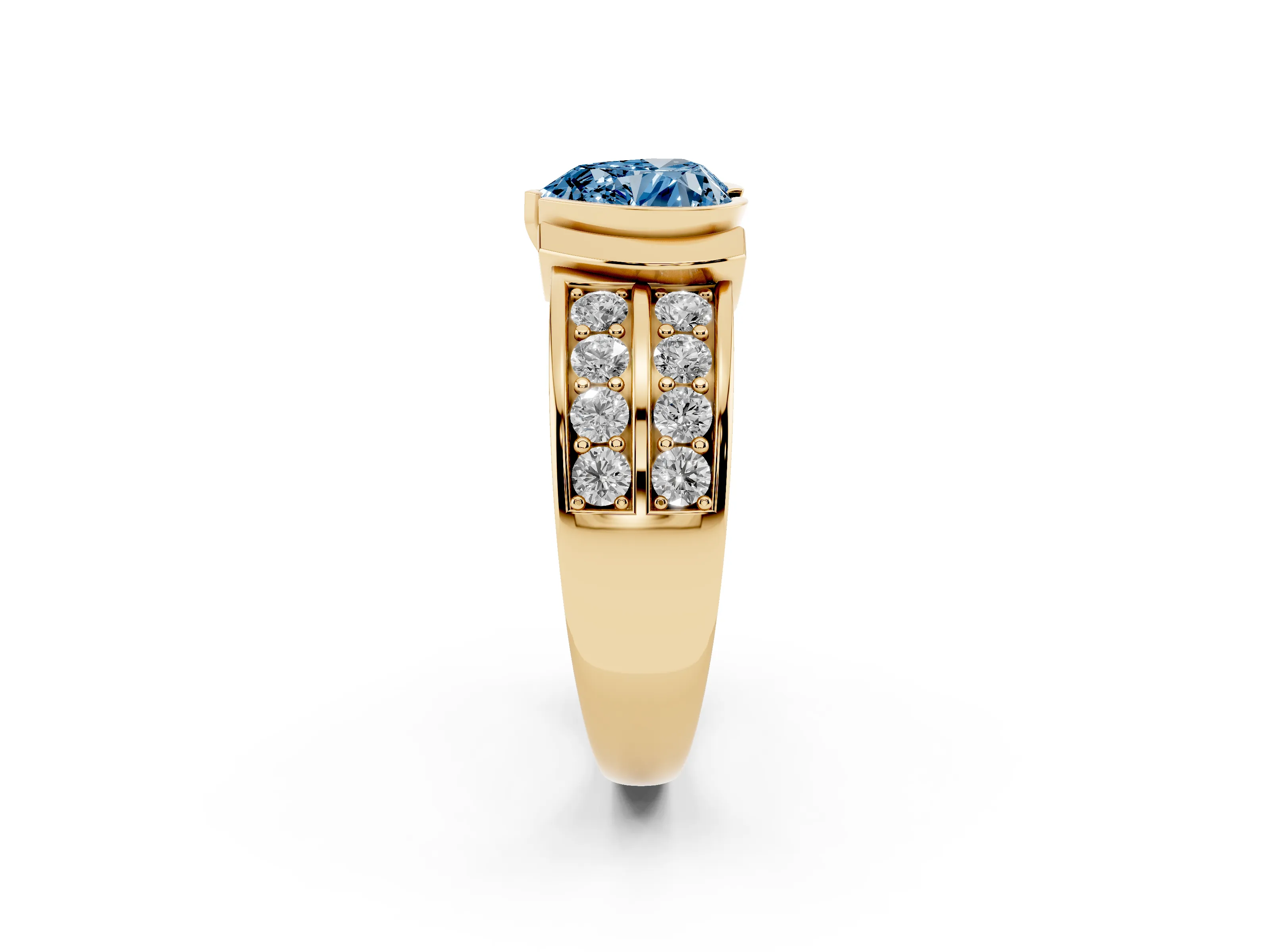 Fancy Blue Heart Cut Diamond Wide Channel Set Band Ring Set in Yellow gold with Bezel Setting