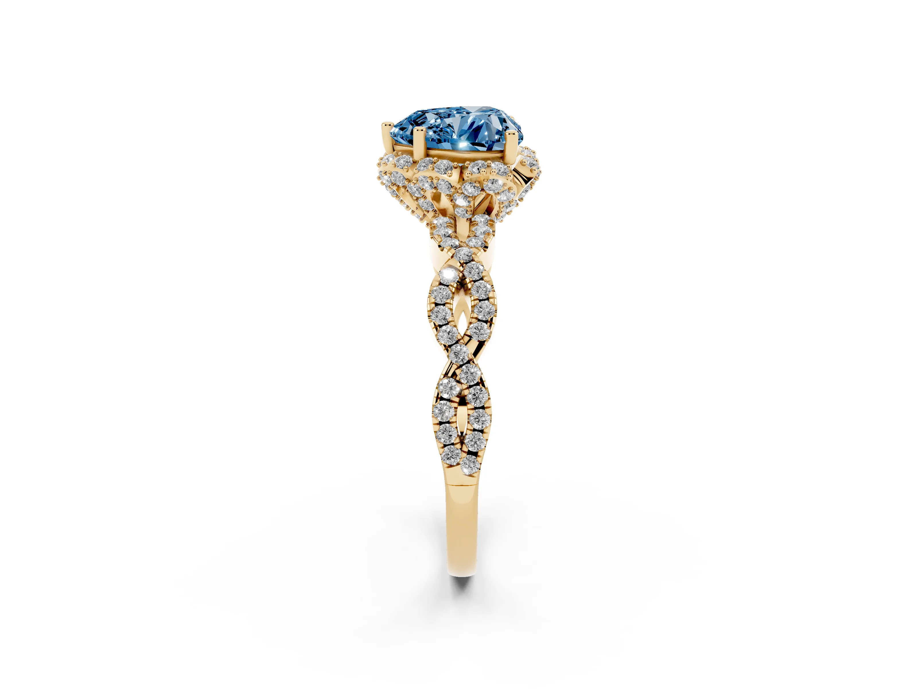 Fancy Blue Heart Cut Diamond Halo Twist Band Solitaire Ring Set in Yellow gold with Prong-Set Center Stone