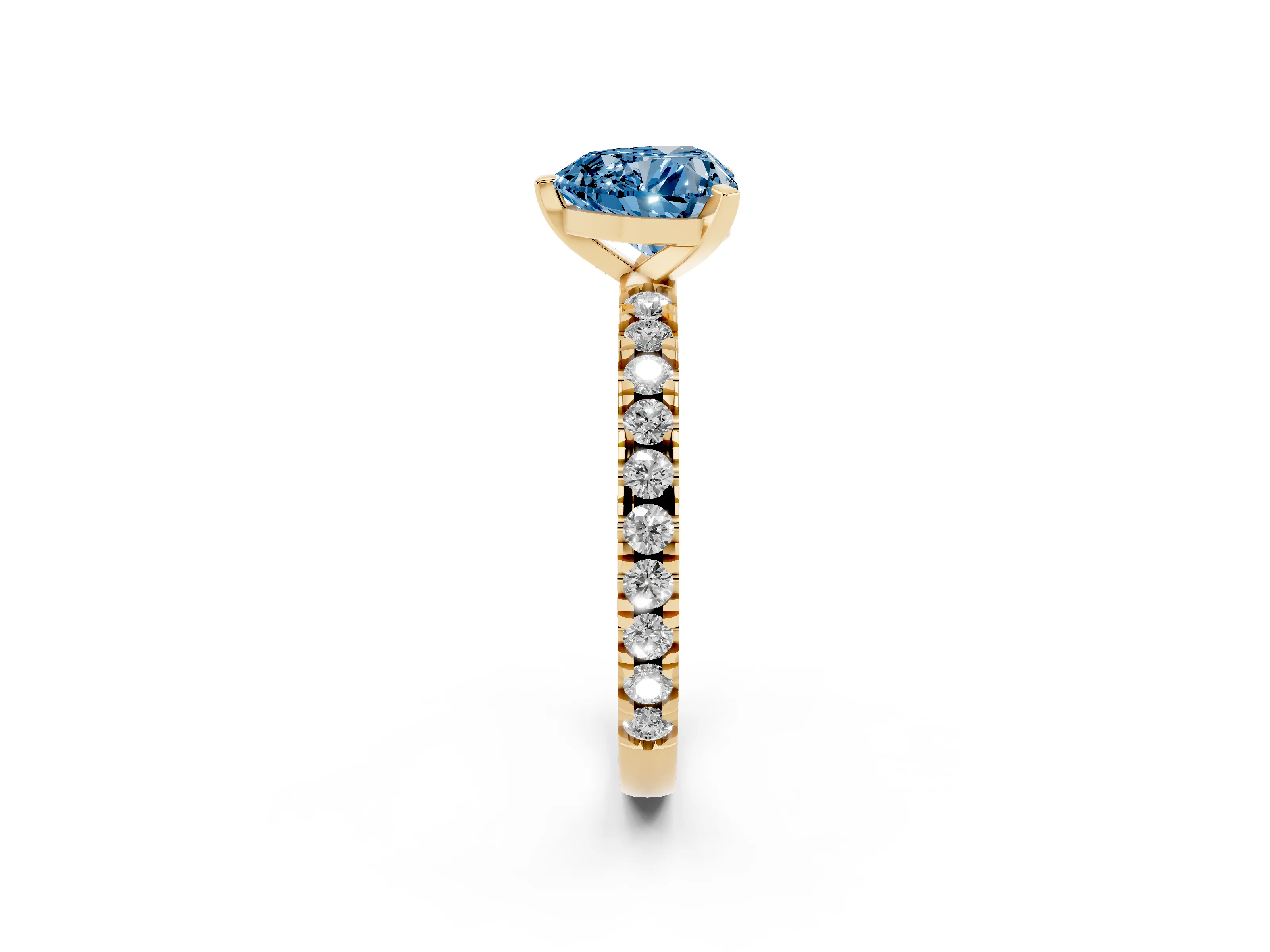 Fancy Blue Heart Cut Diamond Pavé Band Solitaire Set in Yellow gold with Prong Setting