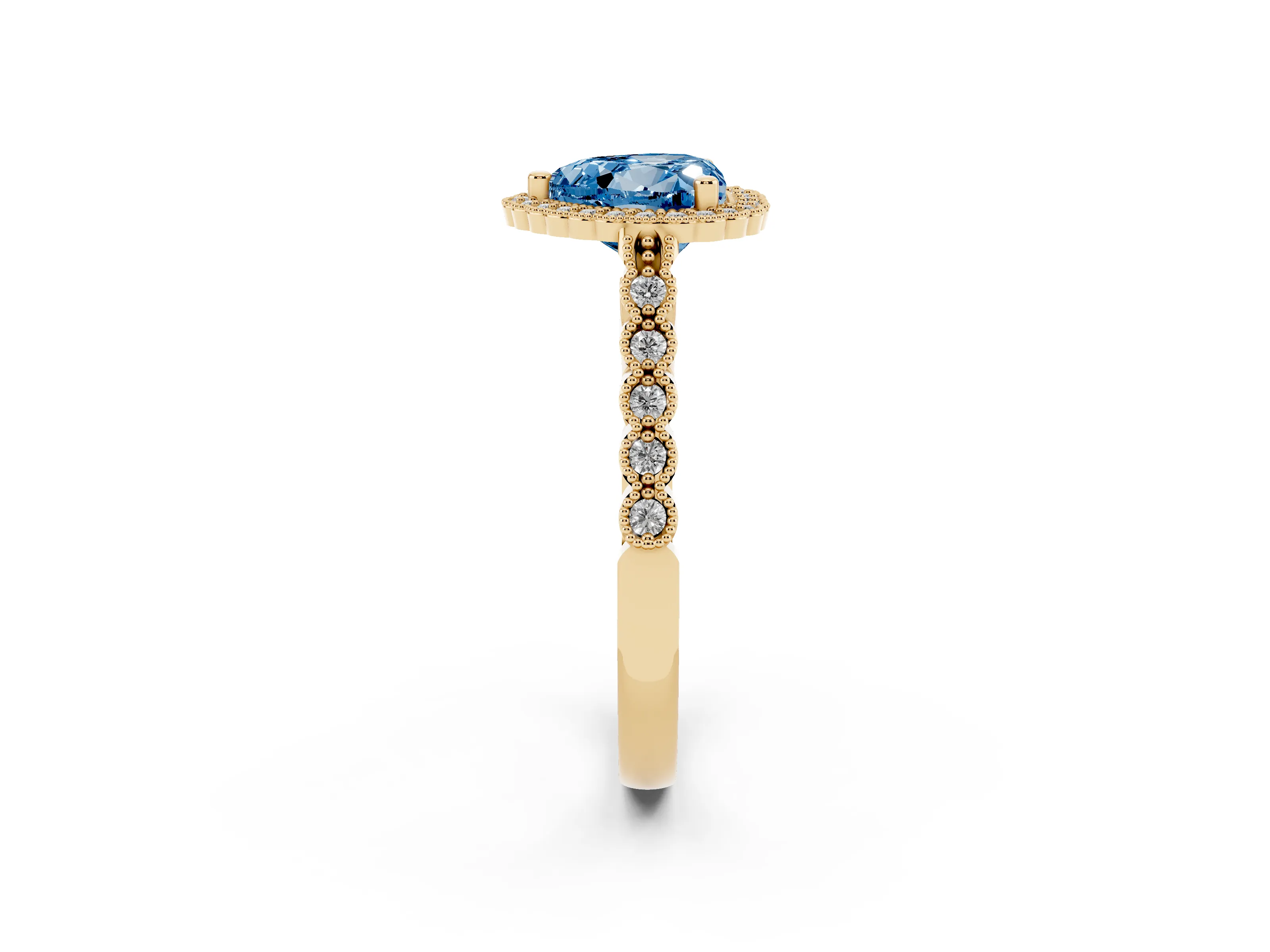 Fancy Blue Heart Cut Diamond Halo Ring Set in Yellow gold with Pavé Milgrain Band
