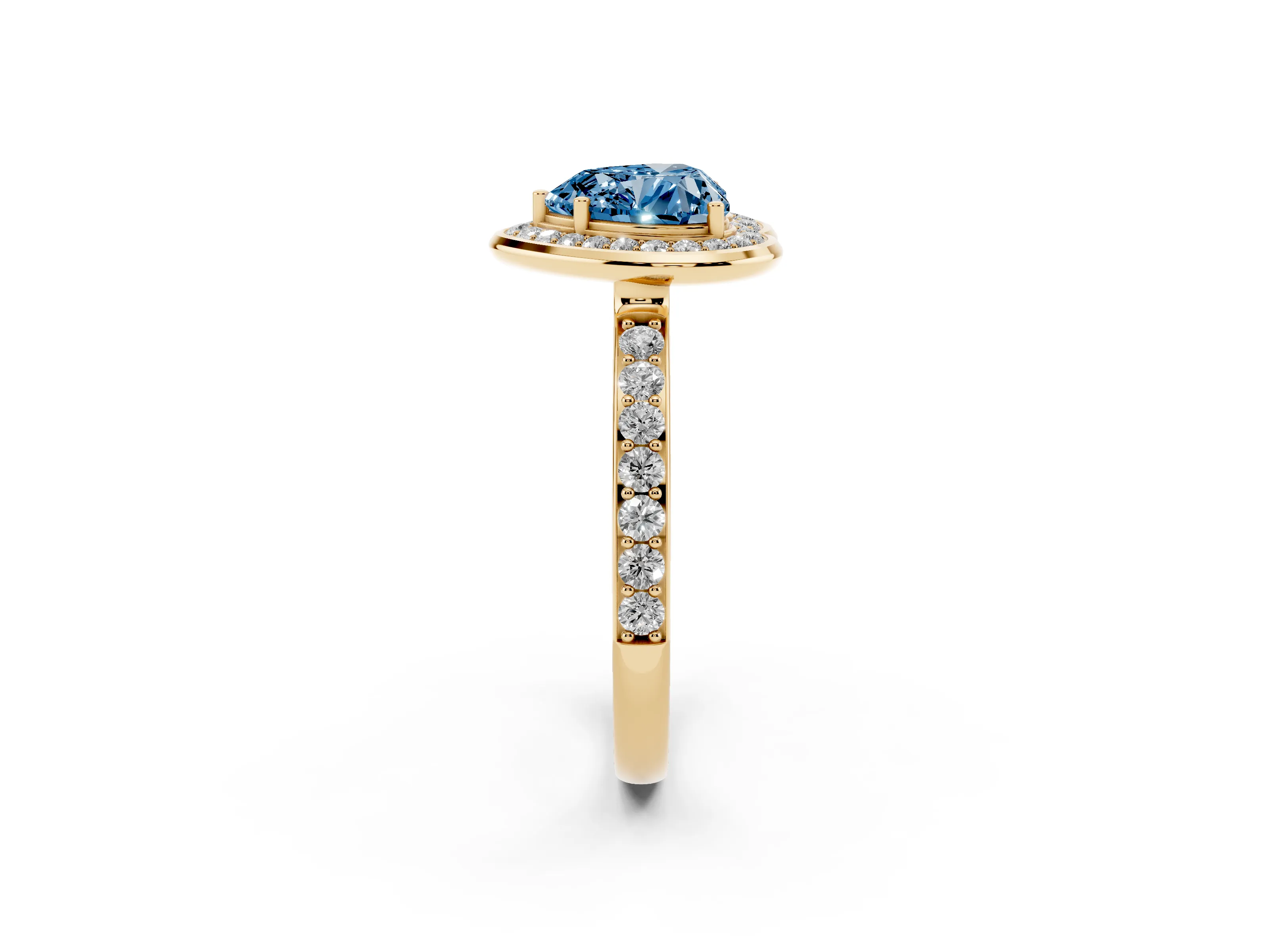 Fancy Blue Heart Cut Diamond Halo Ring Set in Yellow gold with Bezel Frame and Pavé Band