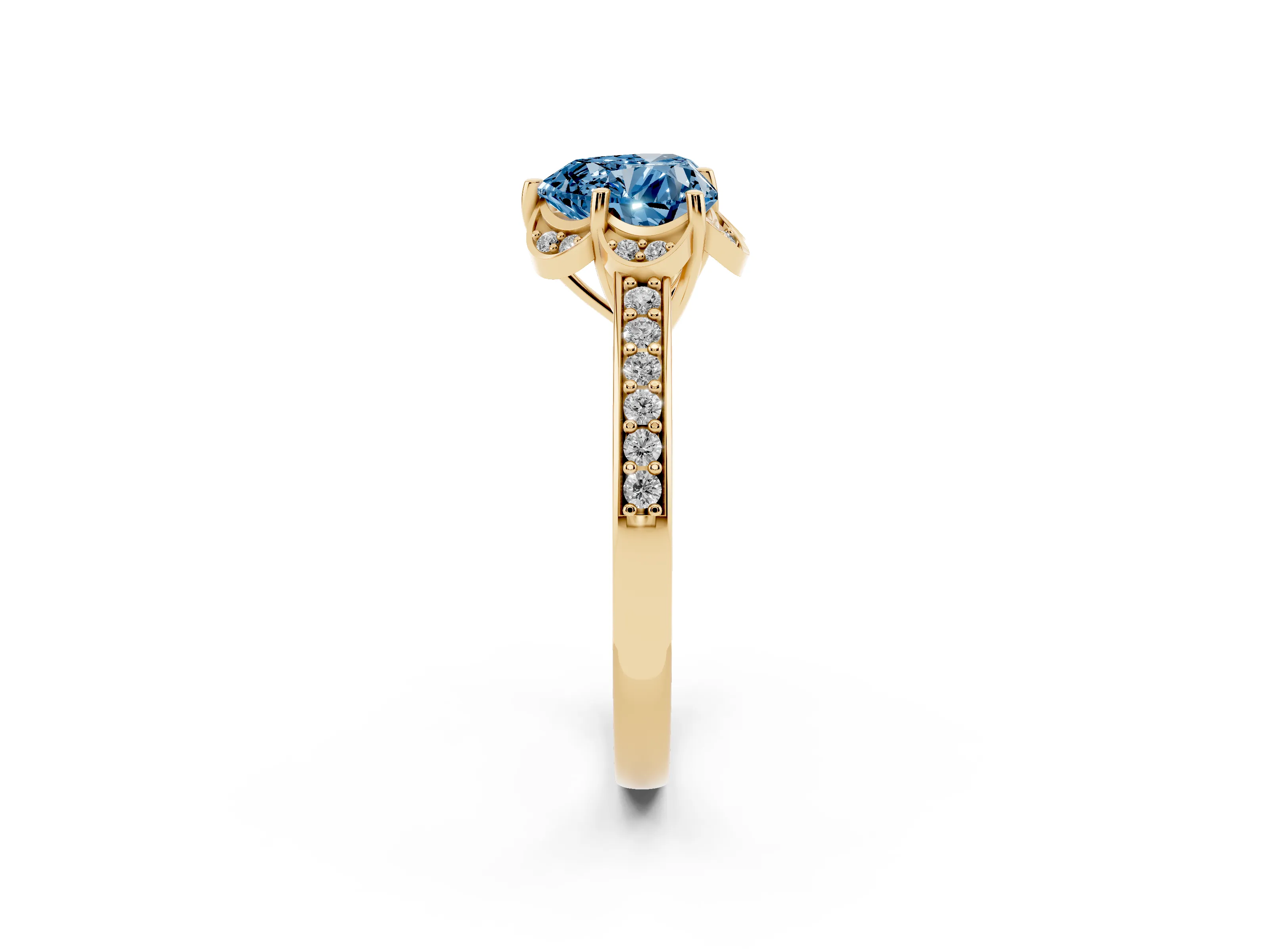 Fancy Blue Heart Cut Diamond Halo Ring Set in Yellow gold with Channel Set Band and Prong Setting