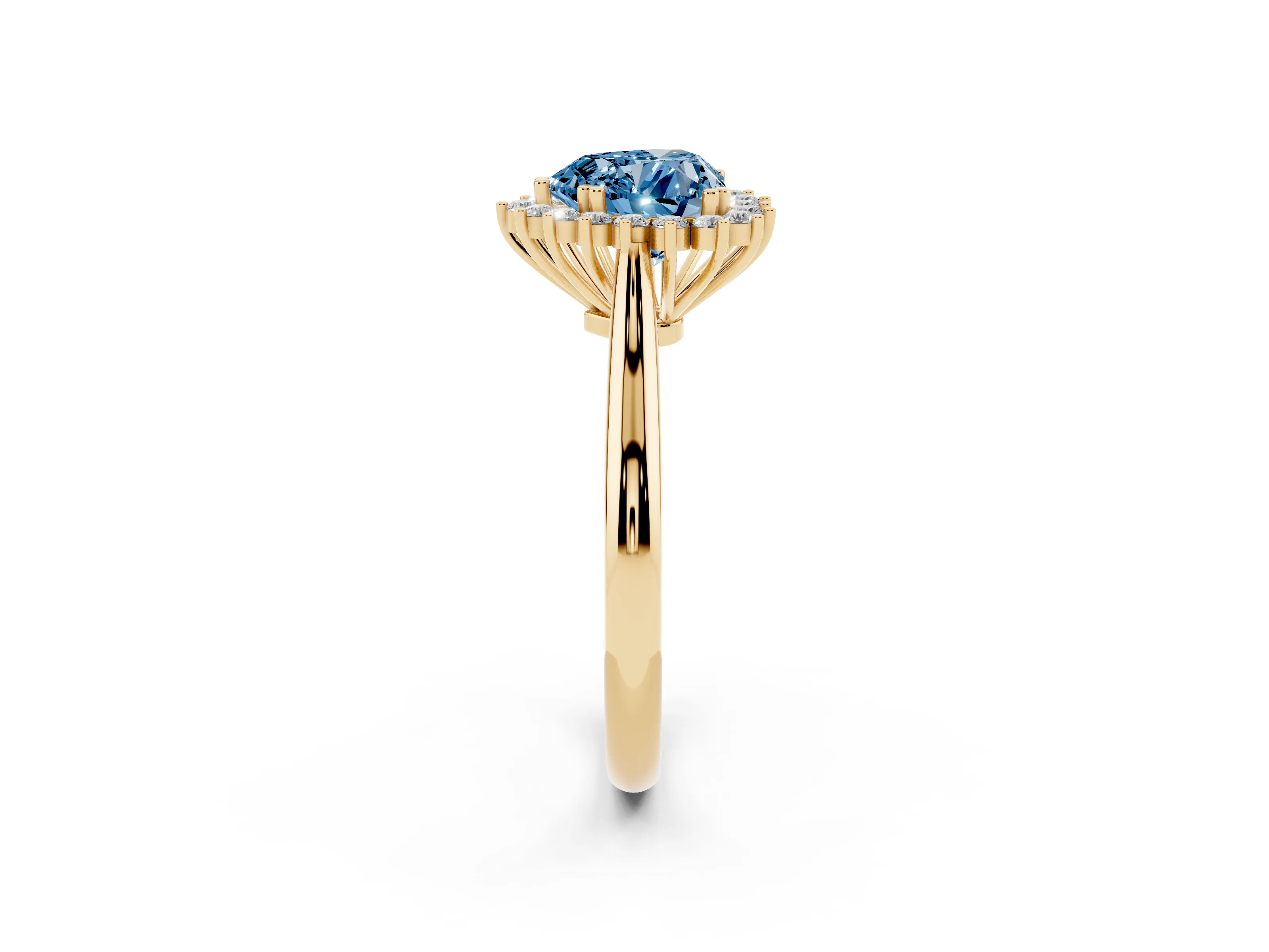 Fancy Blue Heart Cut Diamond Halo Ring Set in Yellow gold with Plain Solitaire Band and Prong Setting