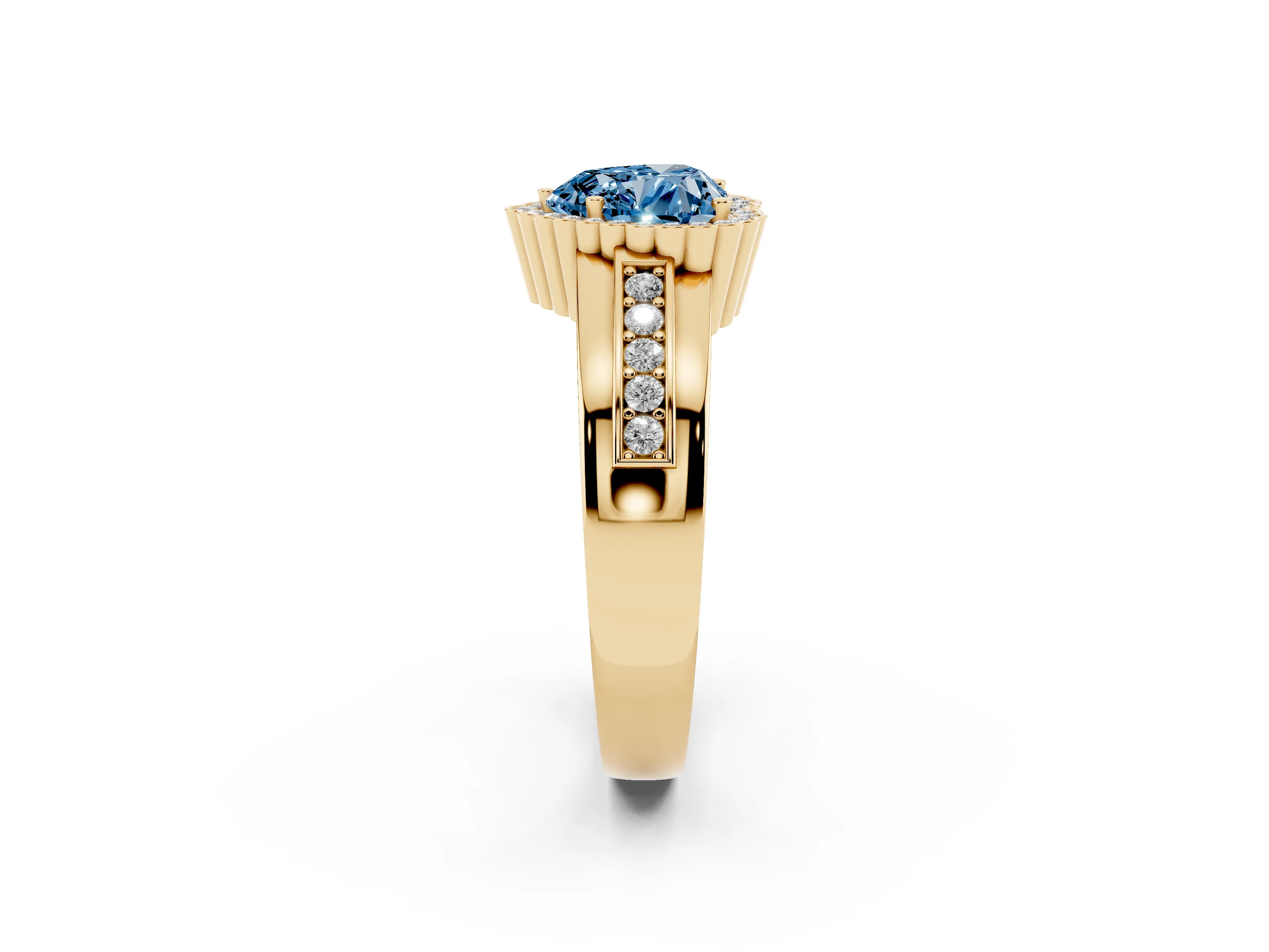Fancy Blue Heart Cut Diamond Halo Prong Ring Set in Yellow gold with Pavé Band