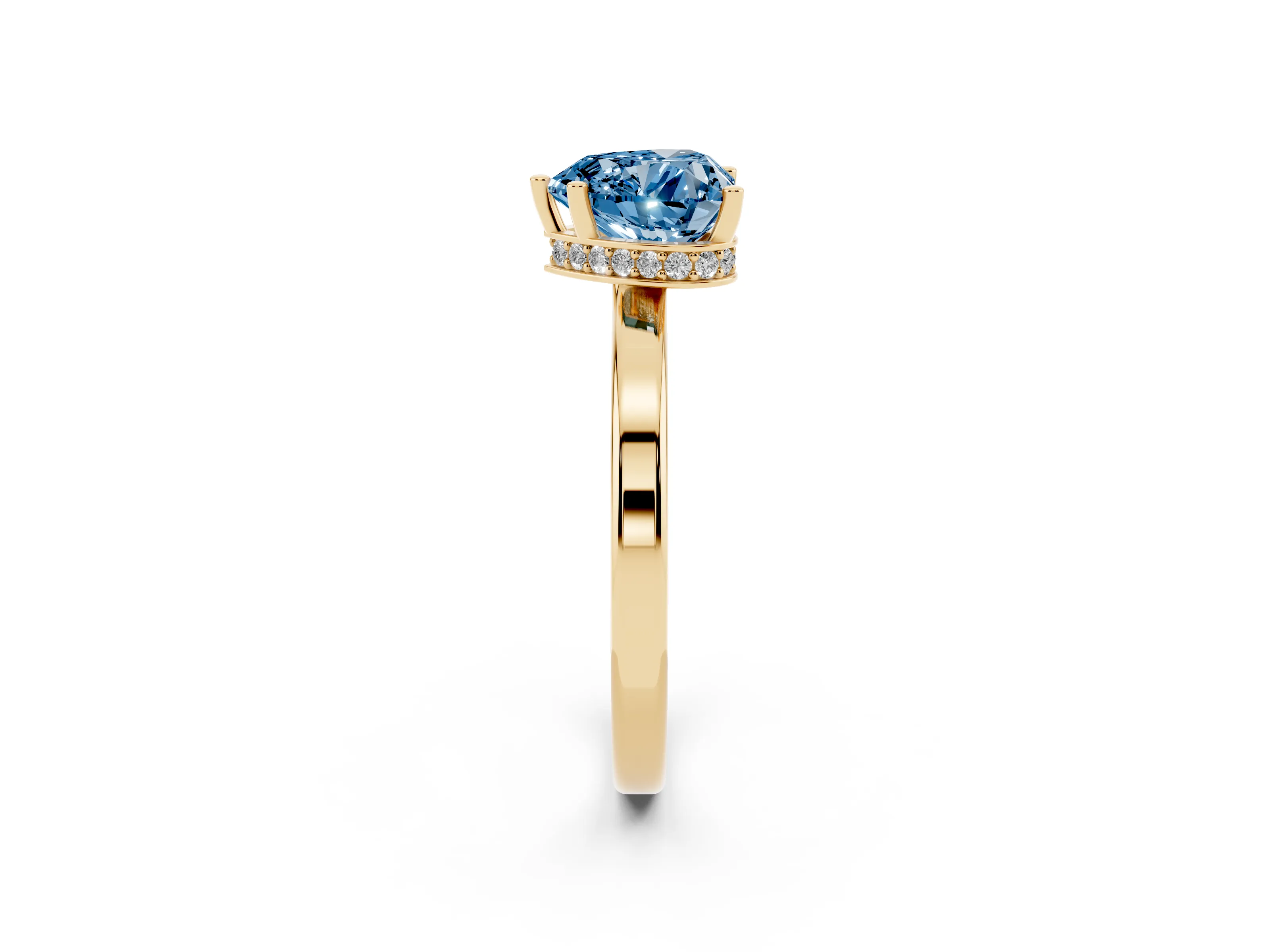 Fancy Blue Heart Cut Diamond Solitaire Engagement Ring Set in Yellow gold with Prong Setting on a Plain Band