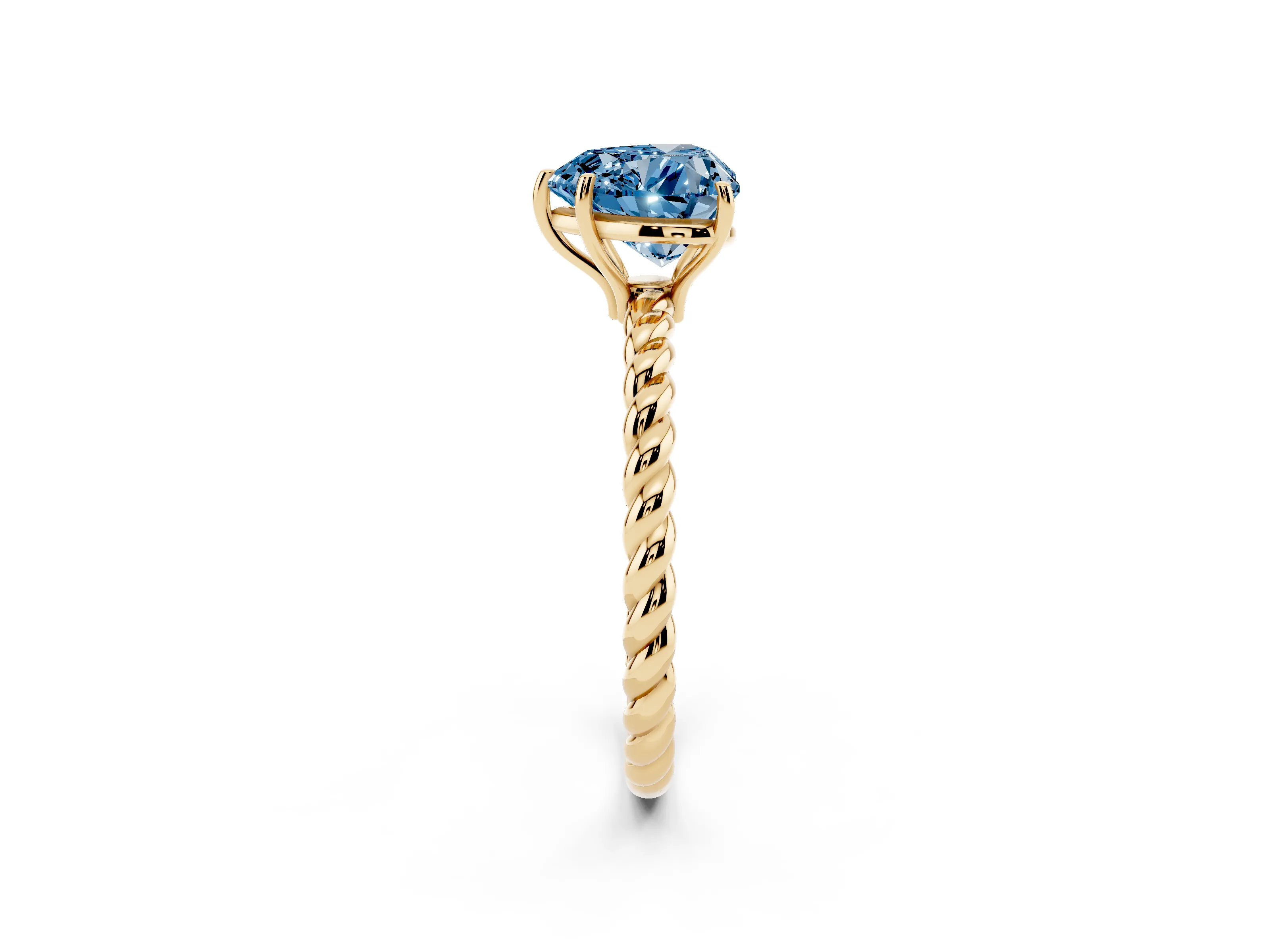 Fancy Blue Heart Cut Diamond Solitaire Ring Set in Yellow gold with Twist Band and Prong Setting