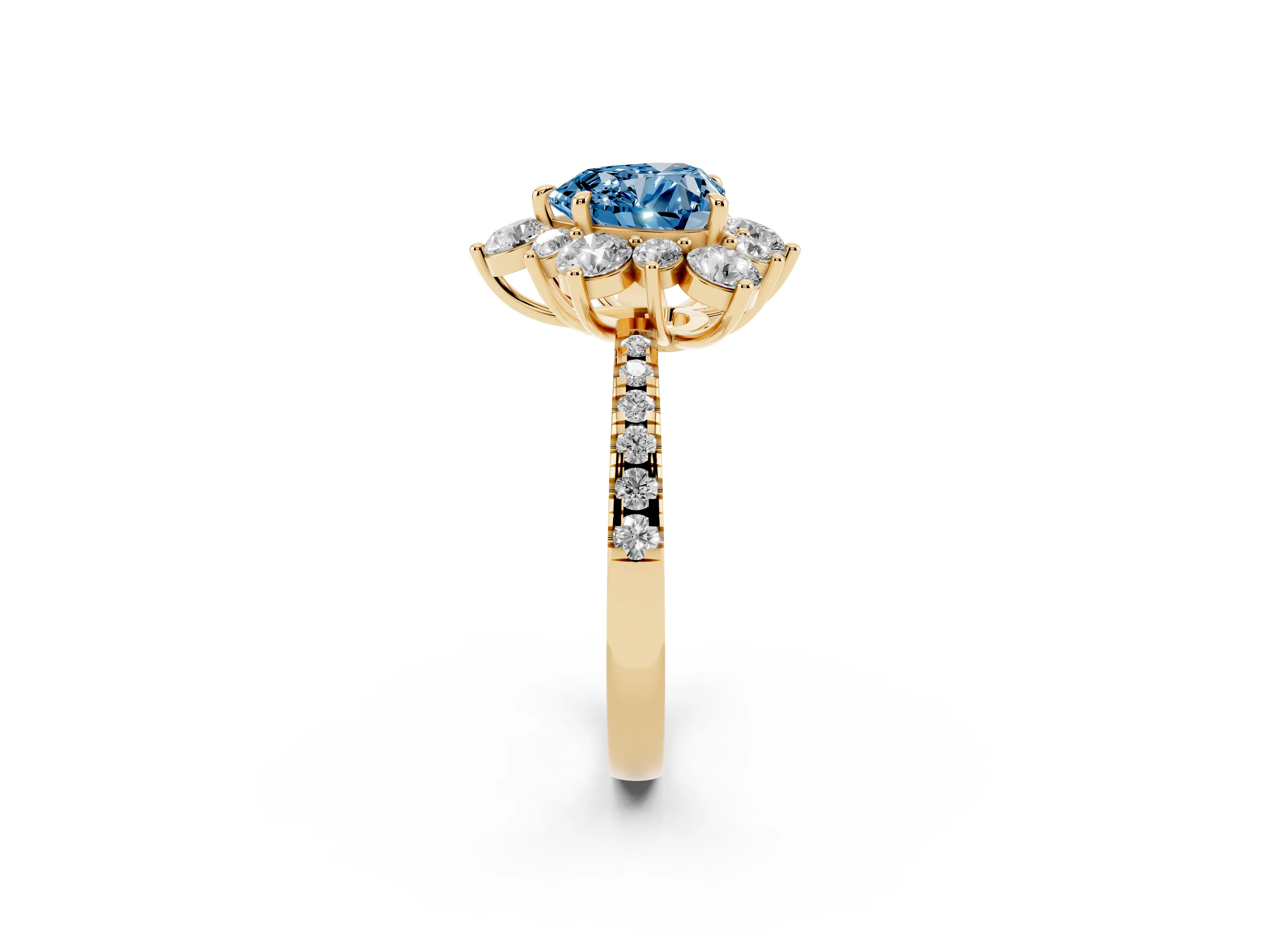Fancy Blue Heart Cut Diamond Floral Halo Ring Set in Yellow gold with Round Pavé Band and Prong Setting
