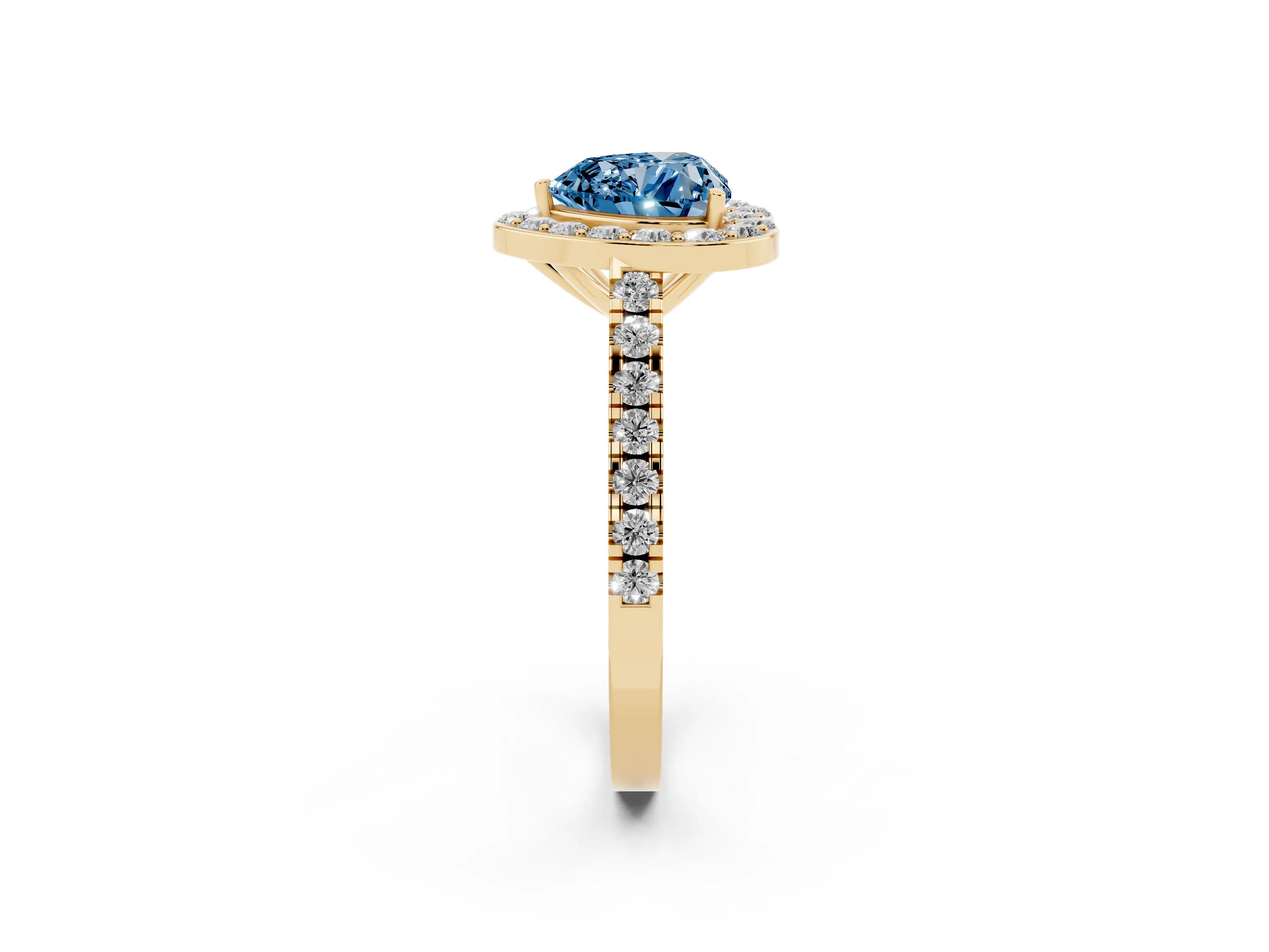 Fancy Blue Heart Cut Diamond Halo Ring Set in Yellow gold with Round Pavé Split Shank and Prong Setting