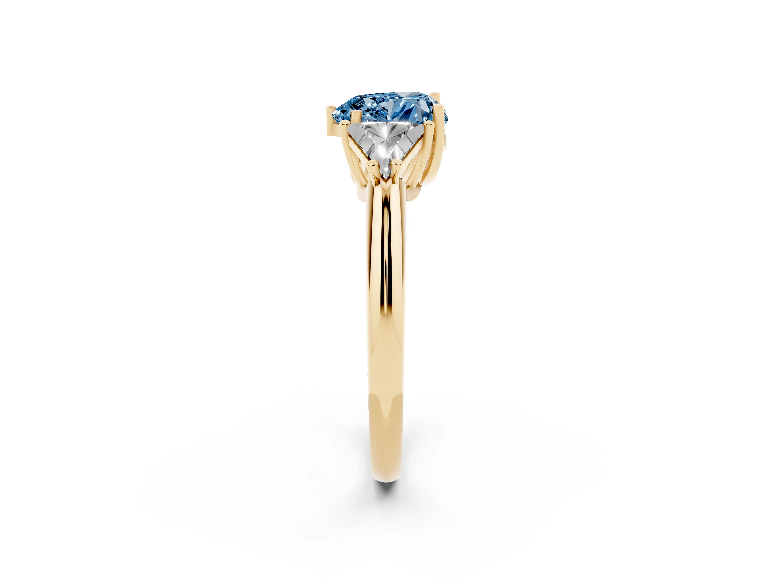 Fancy Blue Heart Cut Diamond Three-Stone Engagement Ring Set in Yellow gold with Trillion Side Stones