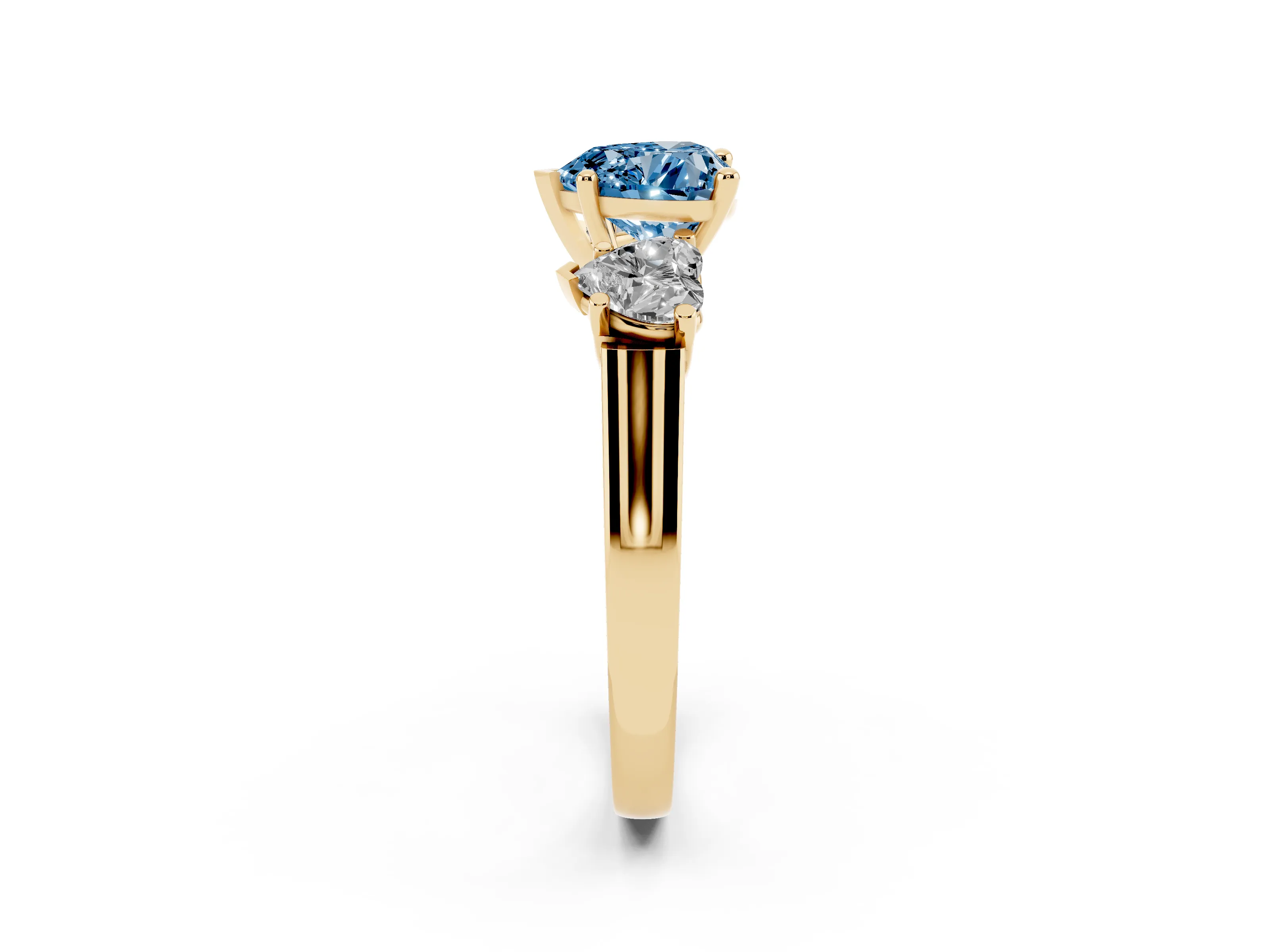 Fancy Blue Heart Cut Diamond Three-Stone Trellis Ring Set in Yellow gold with Comfort Fit Band