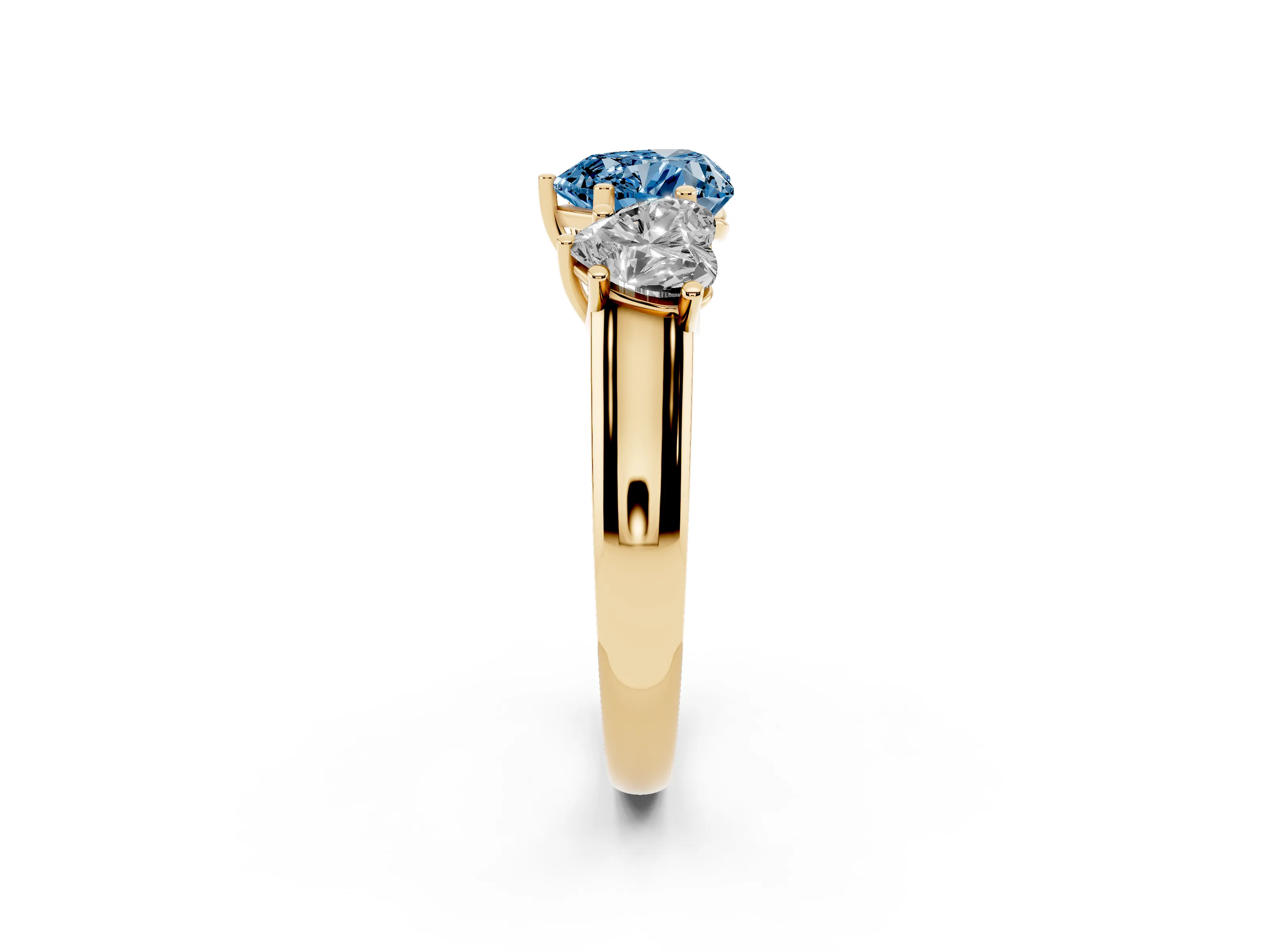 Fancy Blue Heart Cut Diamond Three-Stone Ring Set in Yellow gold with Plain Polished Band