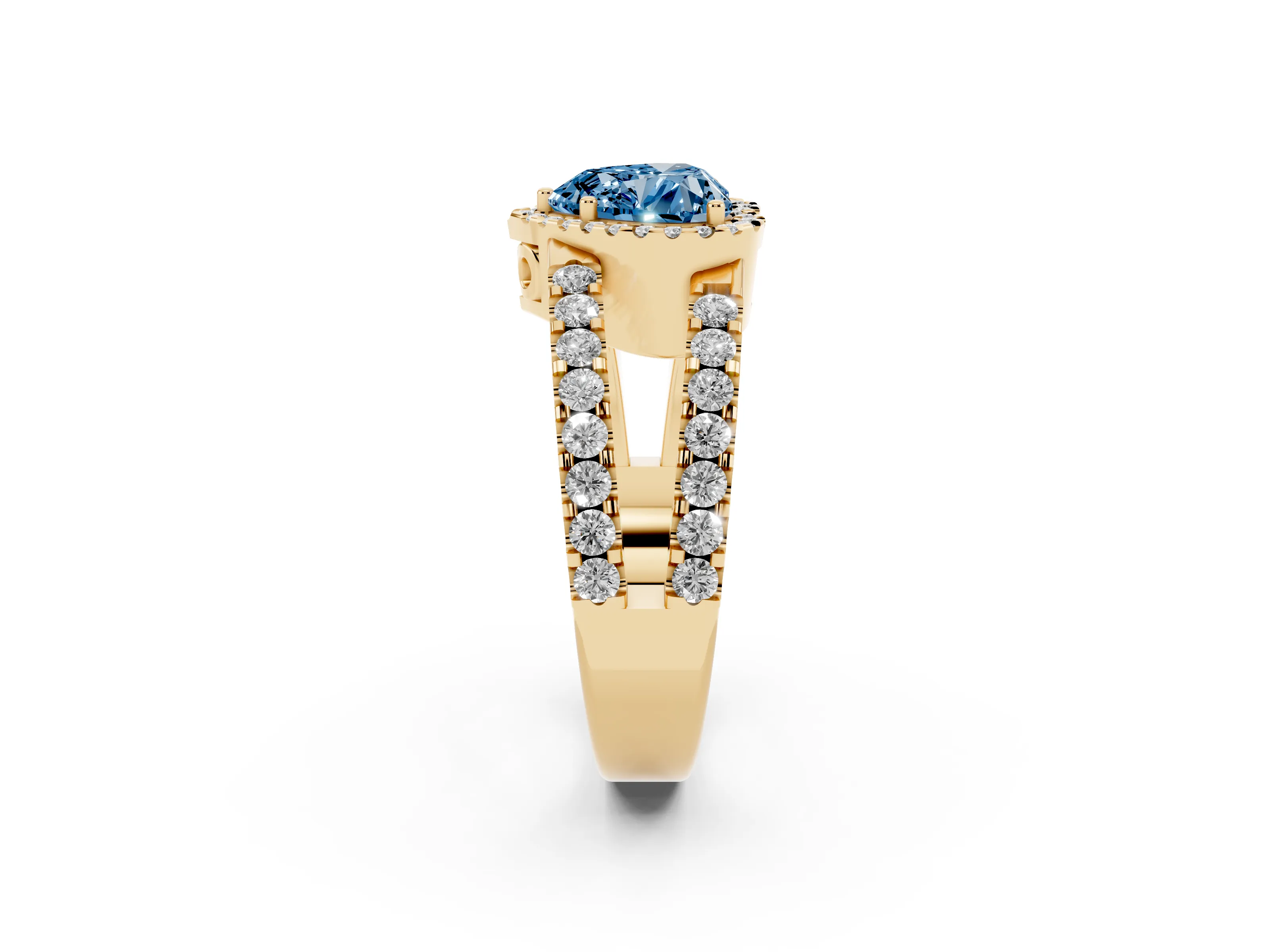 Fancy Blue Heart Cut Diamond Halo Ring Set in Yellow gold with Pavé Split Shank and Prong Setting