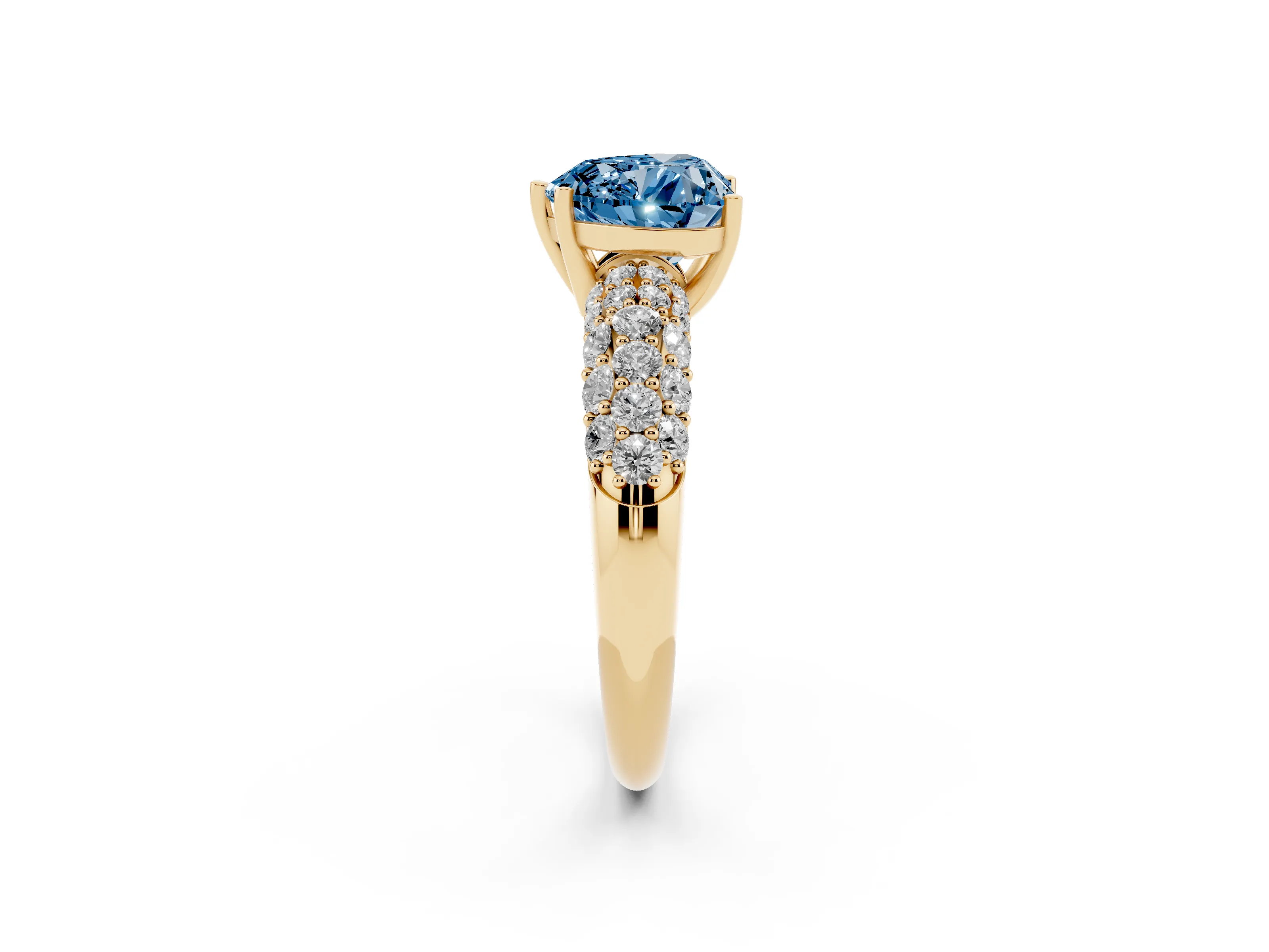 Fancy Blue Heart Cut Diamond Pavé Band Solitaire Ring Set in Yellow gold with Close-Set Accent Stones and Prong Setting