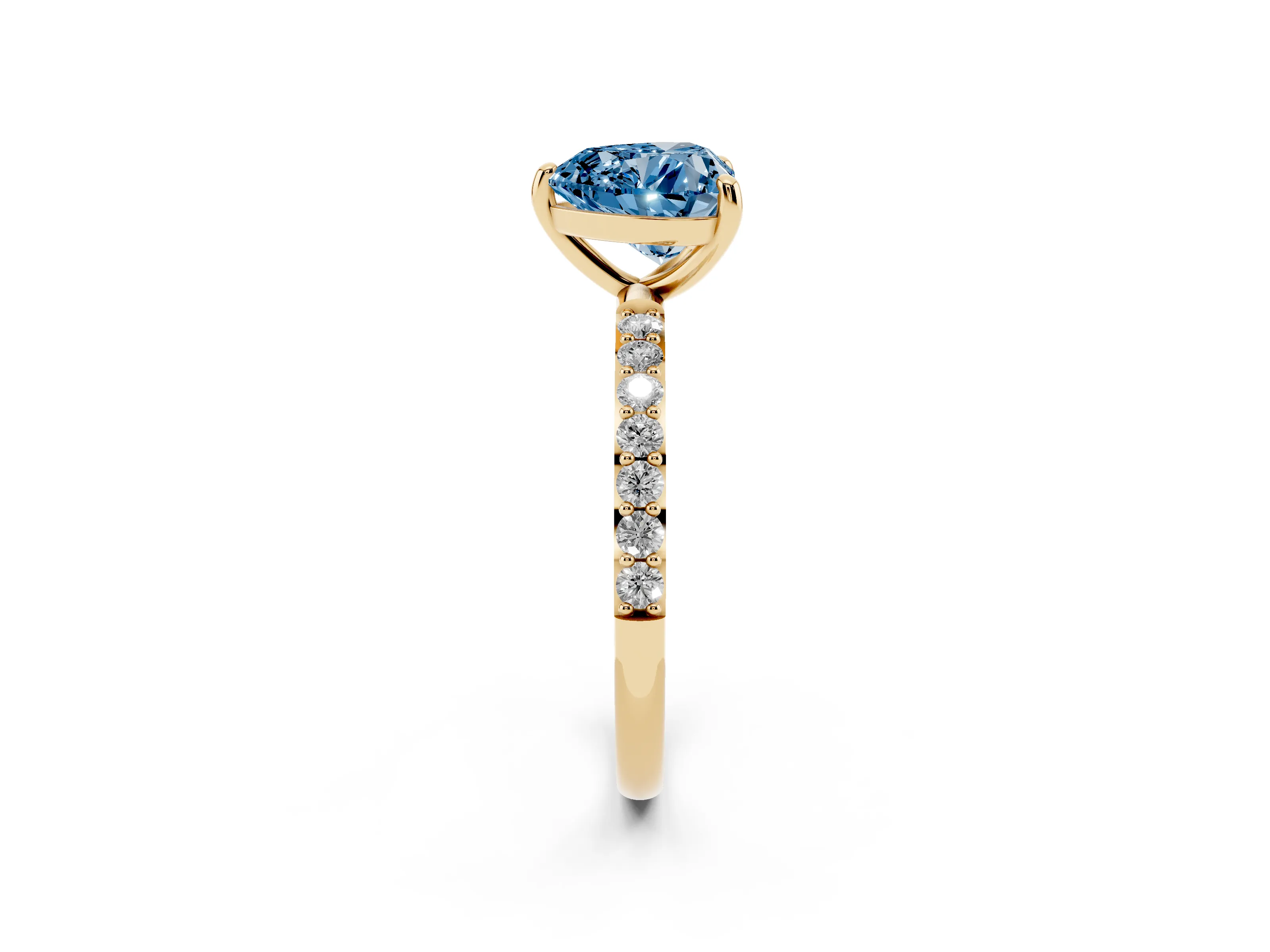 Fancy Blue Heart Cut Diamond Solitaire Ring Set in Yellow gold with Round Pavé Band and Prong Setting