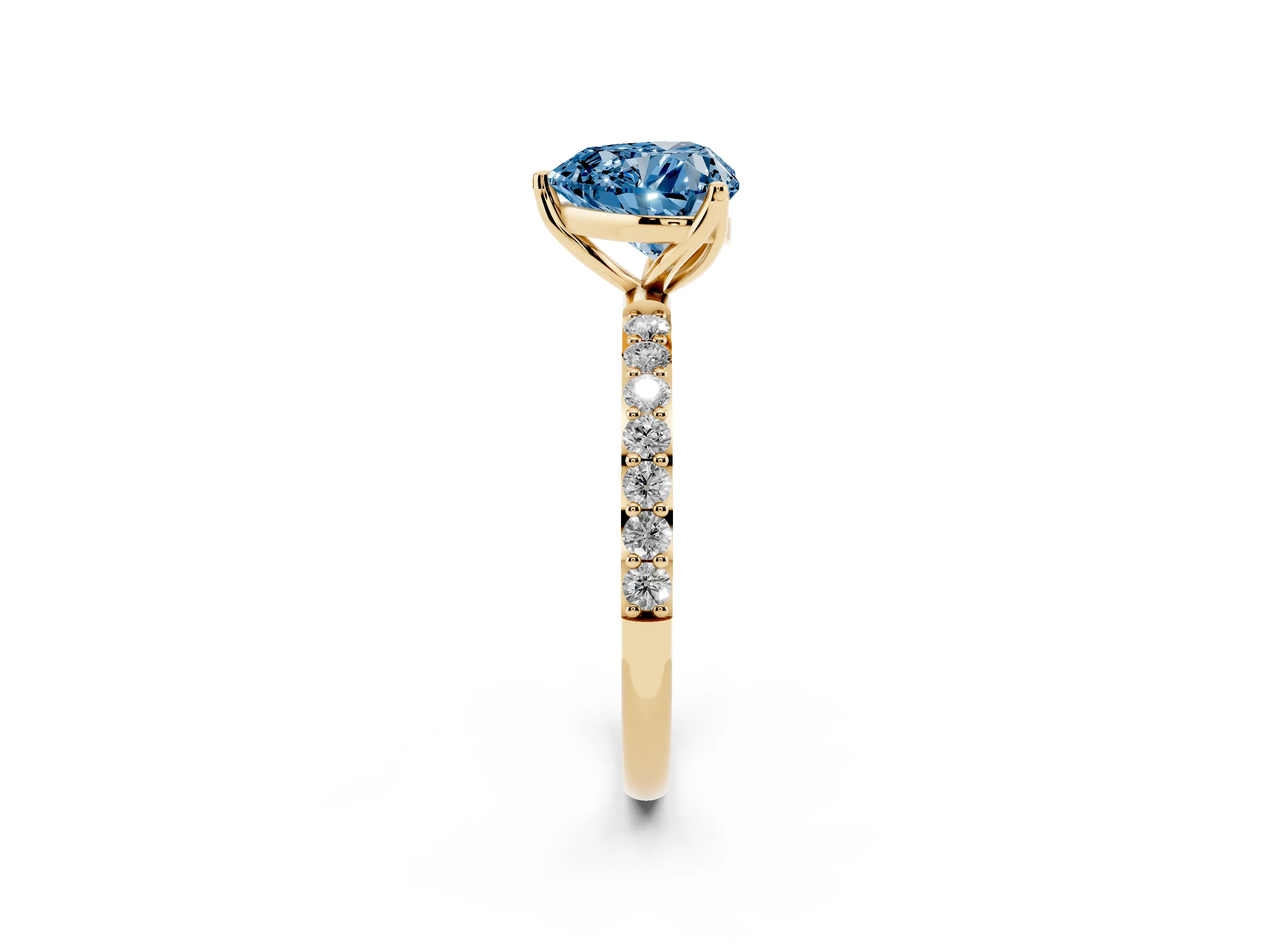 Fancy Blue Heart Cut Diamond Solitaire Engagement Ring Set in Yellow gold with Round Pavé Band and Prong Setting