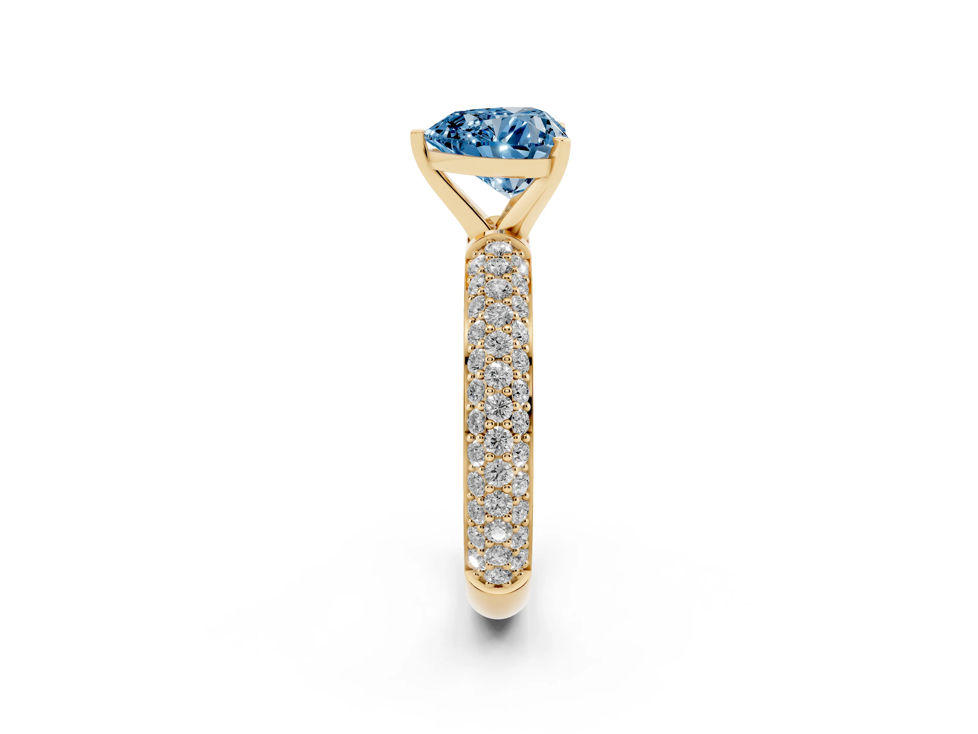 Fancy Blue Heart Cut Diamond Solitaire Ring Set in Yellow gold with Prong Setting and Pavé-Set Band