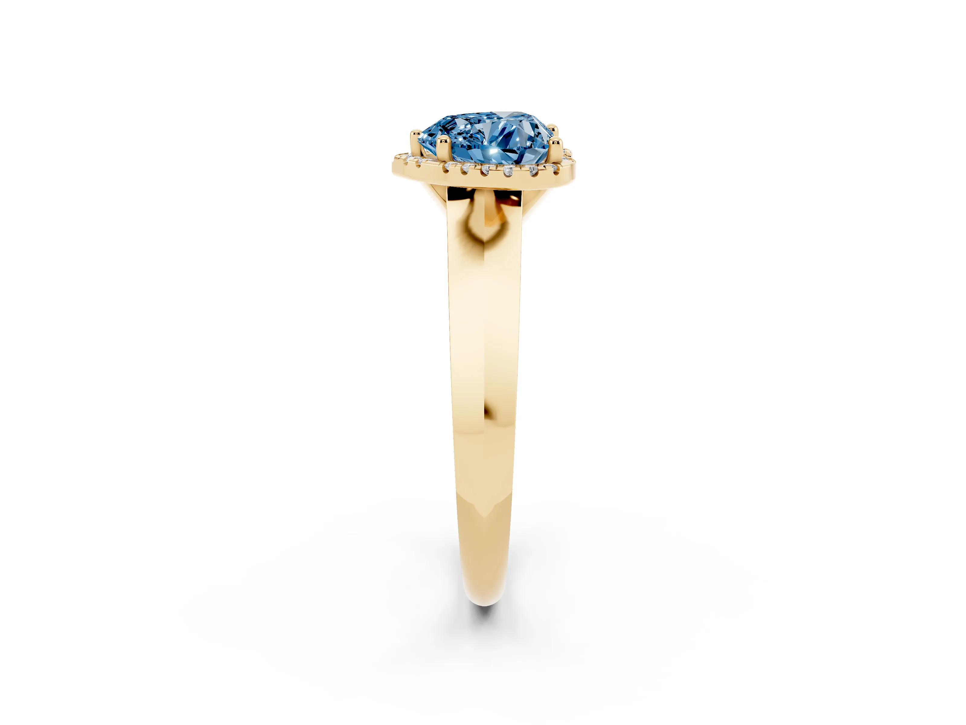 Fancy Blue Heart Cut Diamond Halo Ring Set in Yellow gold with Cathedral Band and Prong Setting