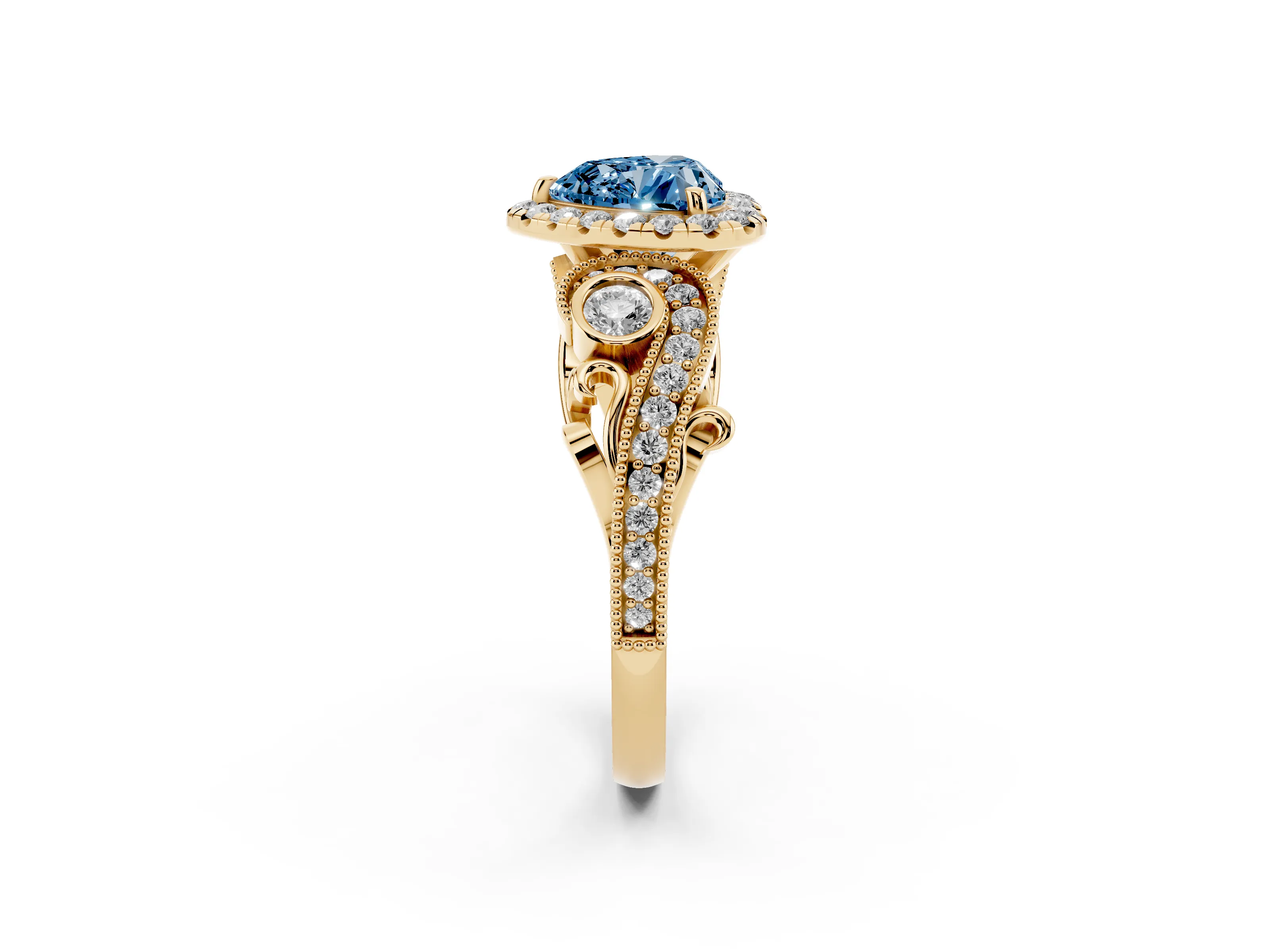 Fancy Blue Heart Cut Diamond Halo Ring Set in Yellow gold with Milgrain Pavé Band and Prong Setting