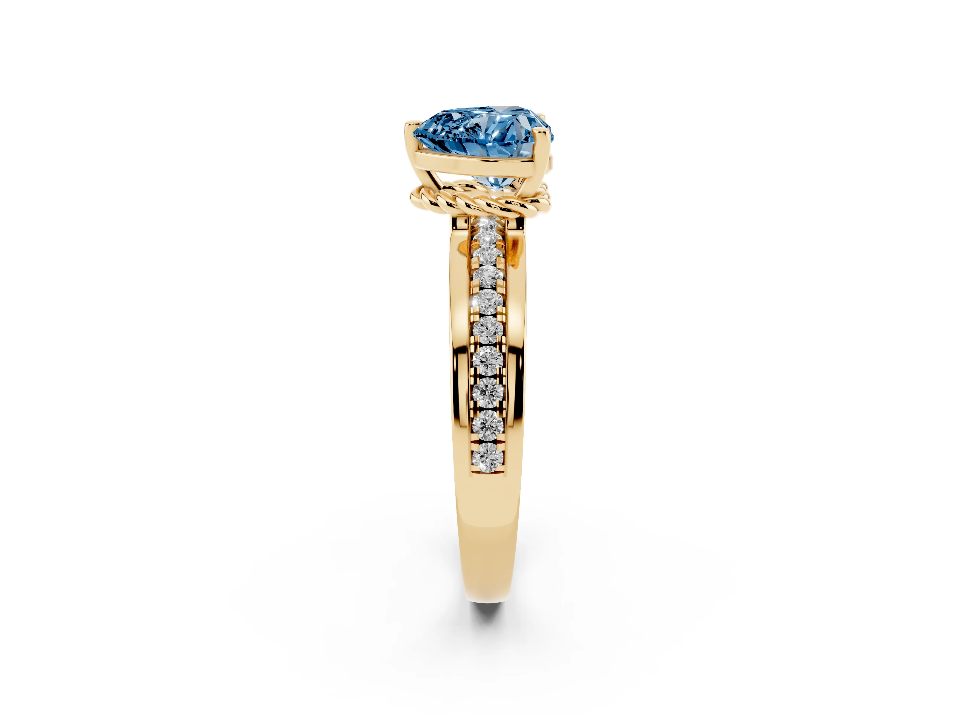 Fancy Blue Heart Cut Diamond Solitaire Ring Set in Yellow gold with Channel Set Band and Prong Setting